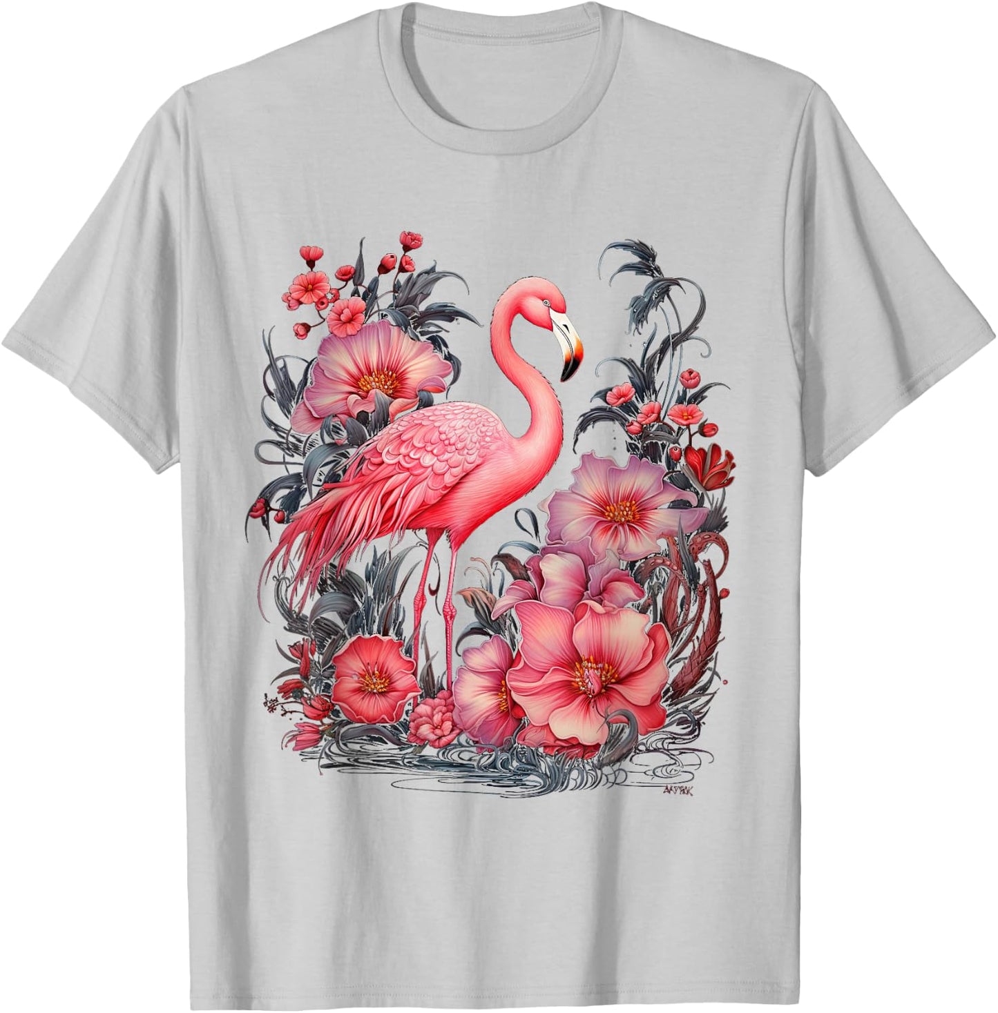 Flamingo and Flowers Floral Flamingos pink T-Shirt - T-Shirt | Ash