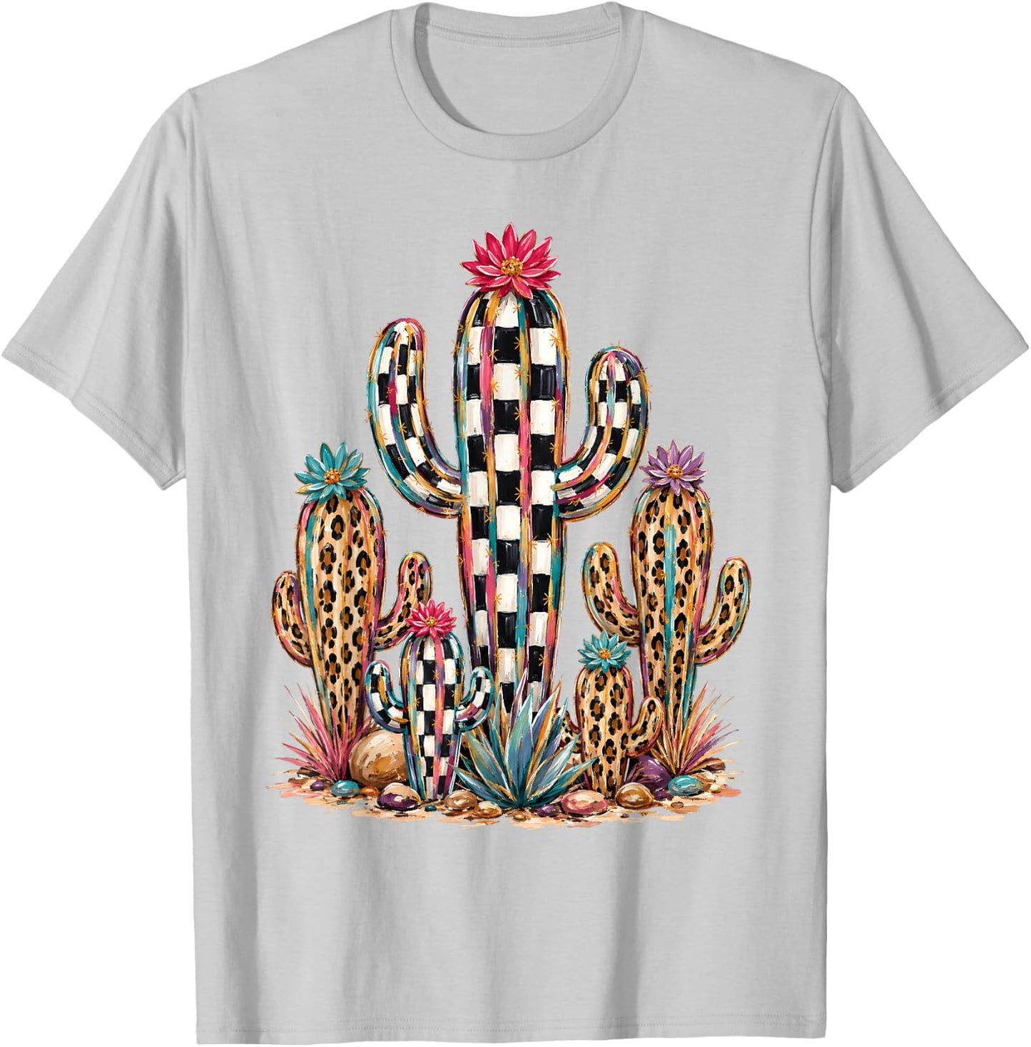 Leopard Checkerboard Cactus Western Desert Graphic T-Shirt - T-Shirt | Ash