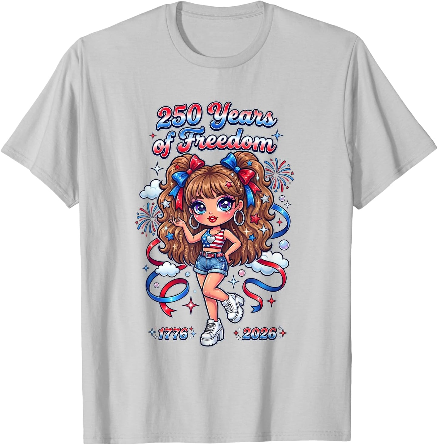 Y2K Red White Blue Bow Girl Celebration Artwork T-Shirt - T-Shirt | Ash