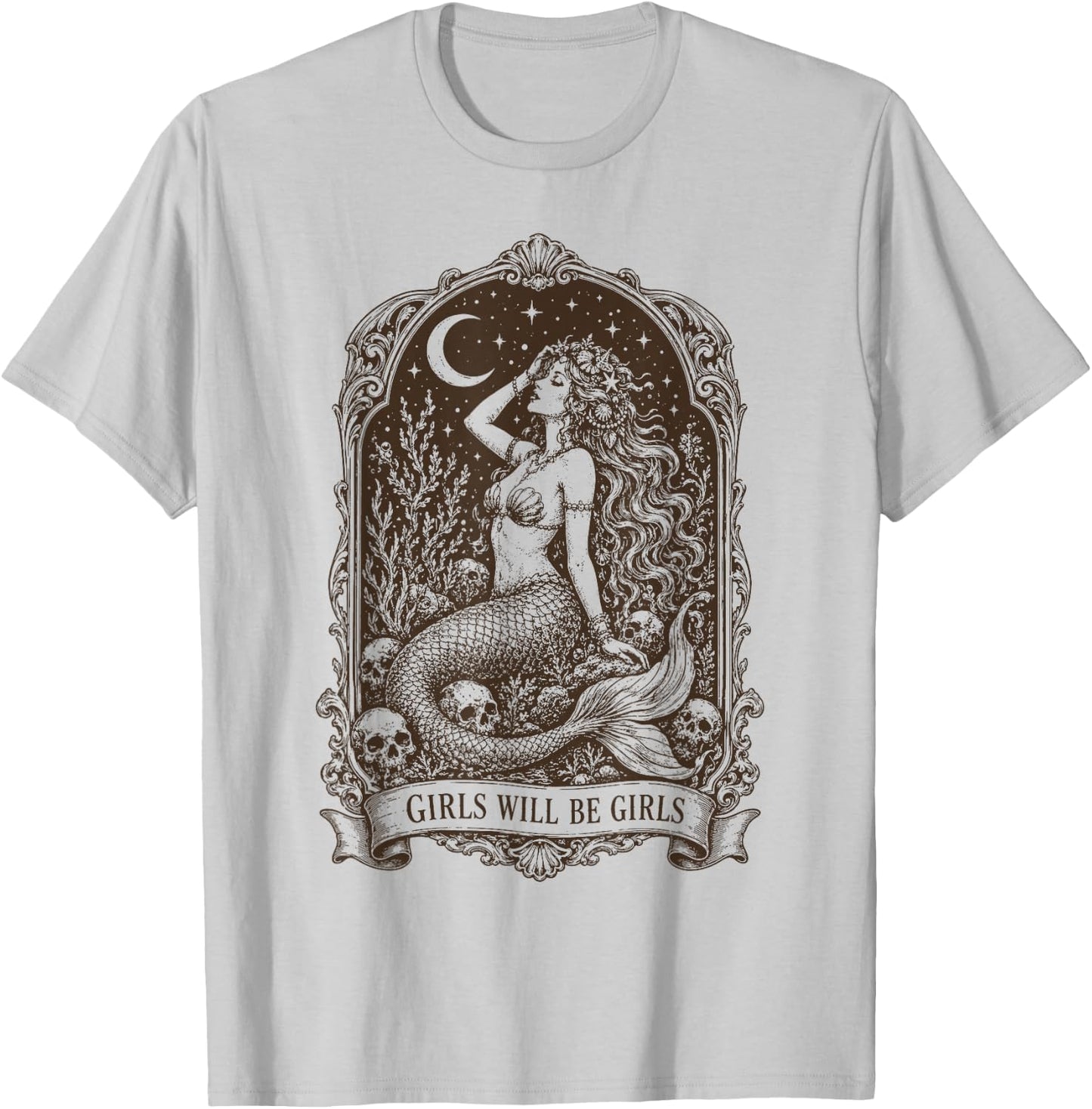 Retro Girls Will Be Girls Mermaid Skull Moon Stars T-Shirt - T-Shirt | Ash