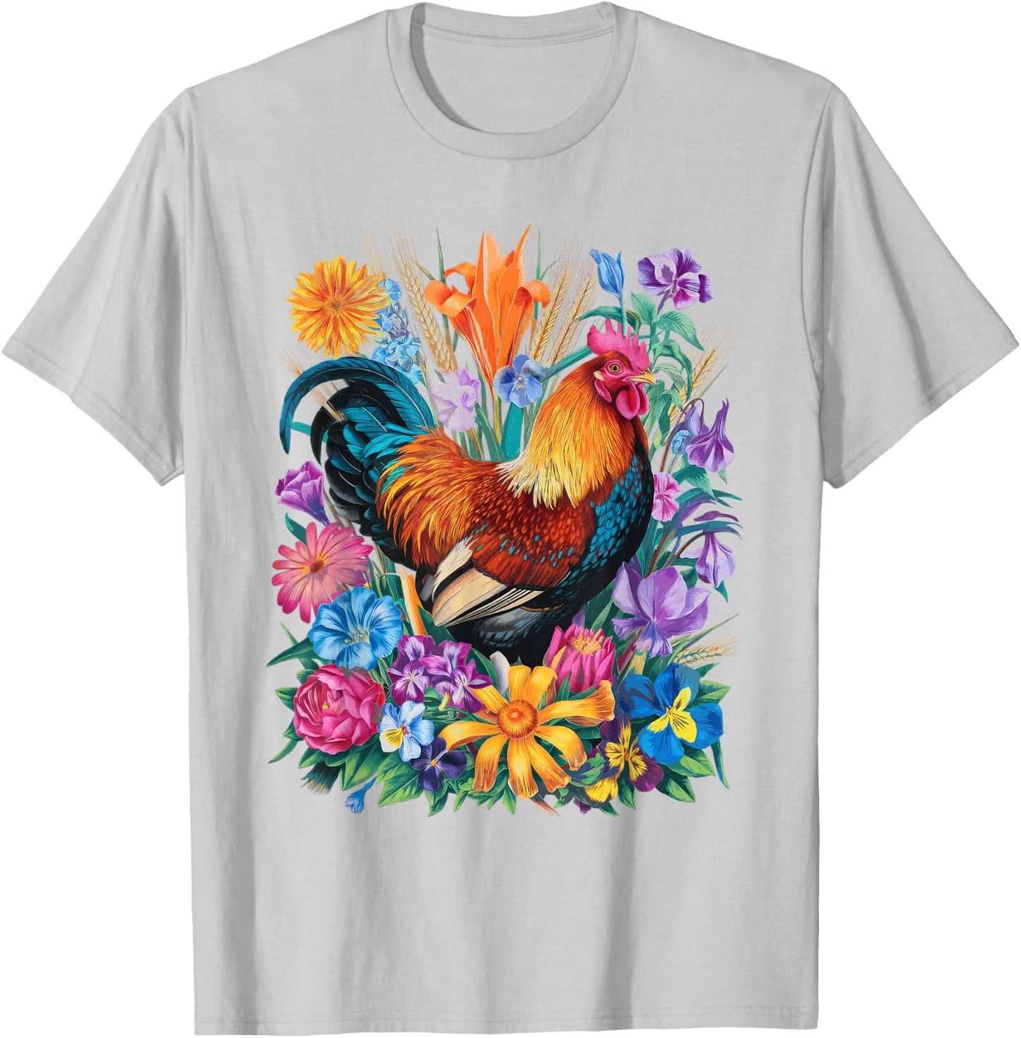 Chicken Floral Art Graphic Women Farm Chicken Lover Colorful T-Shirt - T-Shirt | Ash