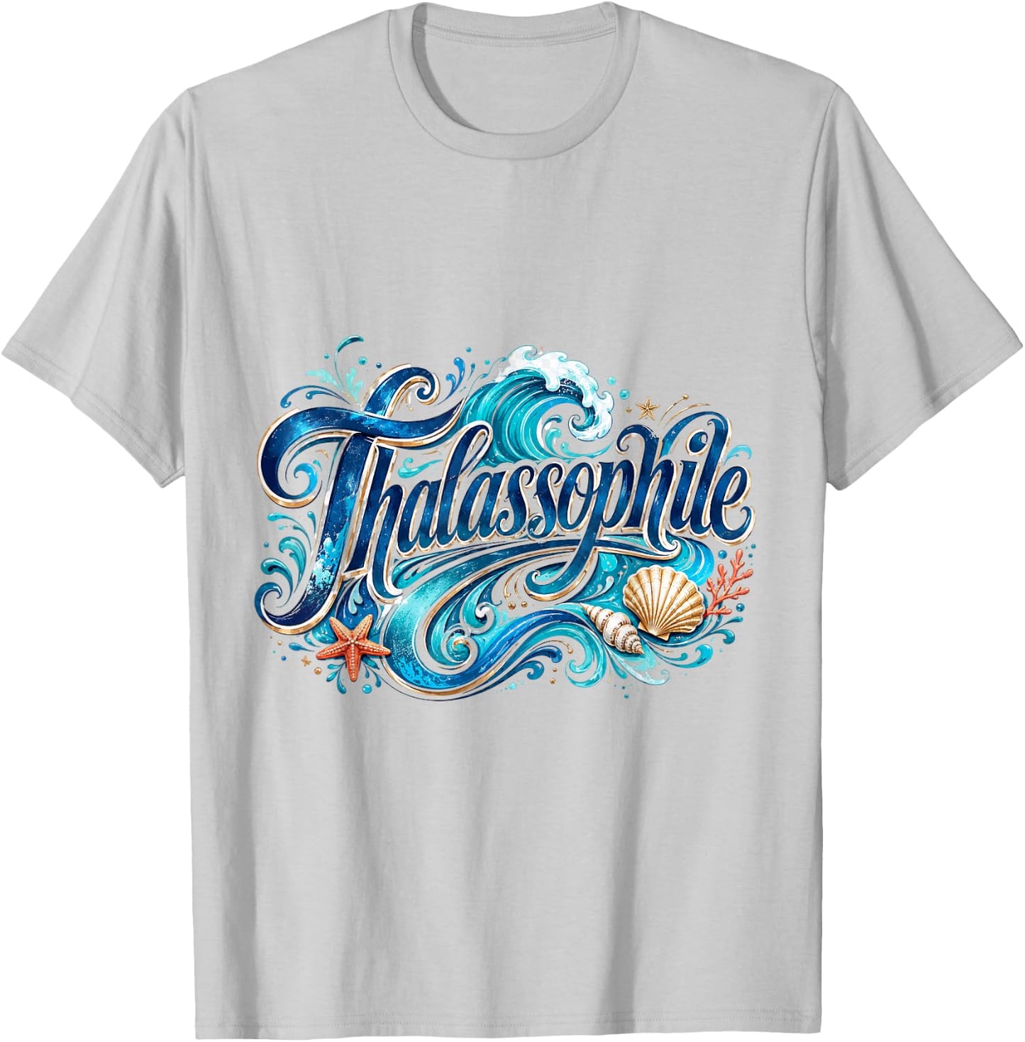 Thalassophile Sea Waves and Seashell Art T-Shirt - T-Shirt | Ash