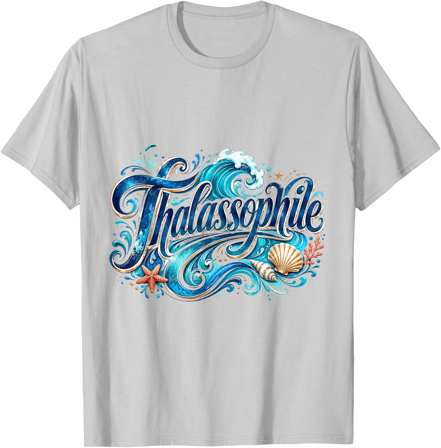 Thalassophile Sea Waves and Seashell Art T-Shirt - T-Shirt | Ash