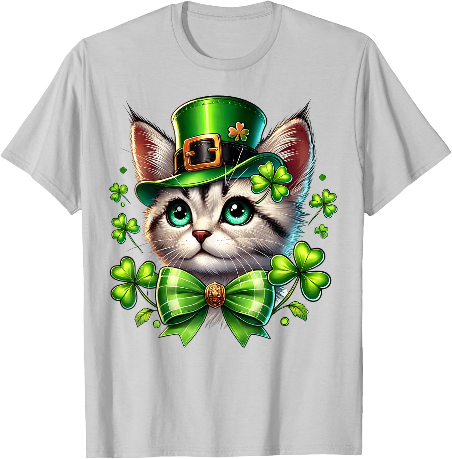 Leprechaun Cat St Patricks Day Coquette Bow Shamrock Graphic T-Shirt - T-Shirt | Ash