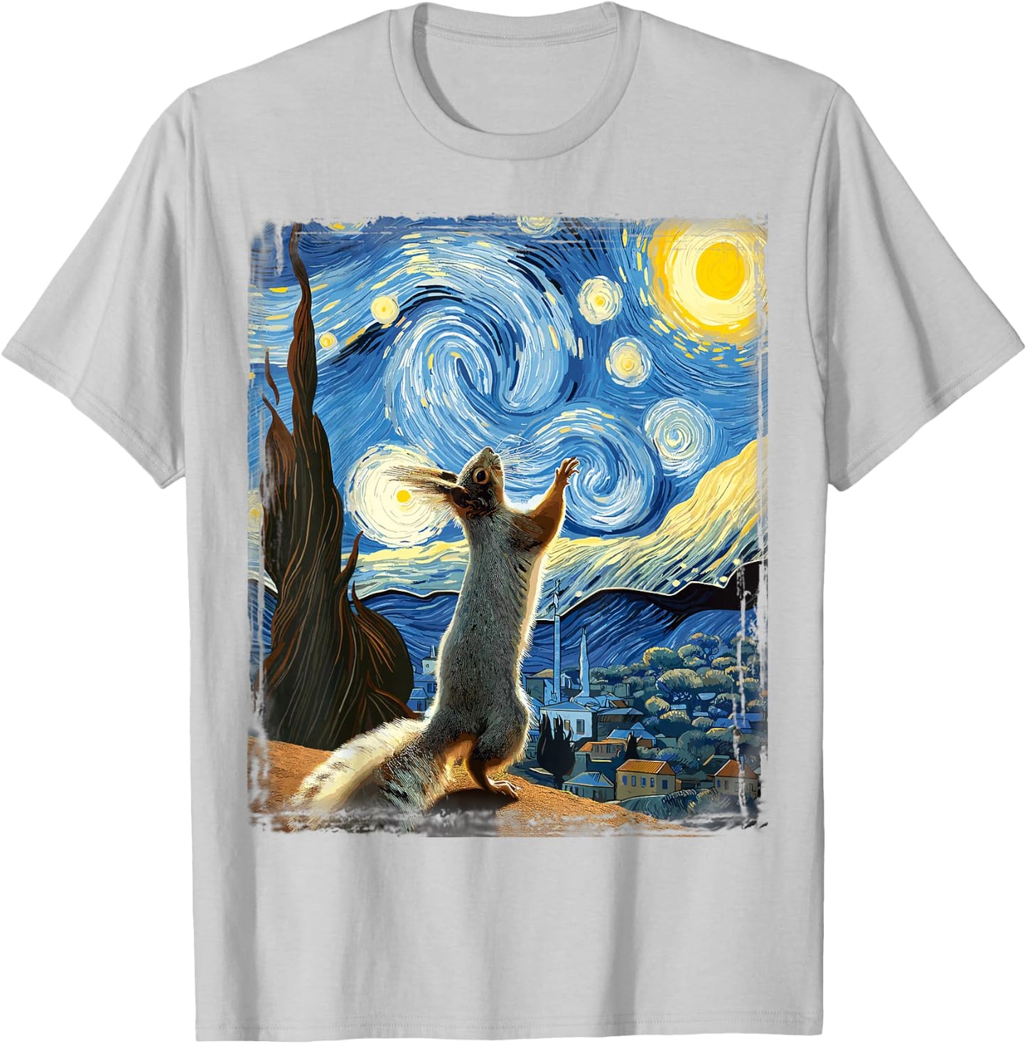 Van Gogh Style Starry Night Squirrel T-Shirt - T-Shirt | Ash
