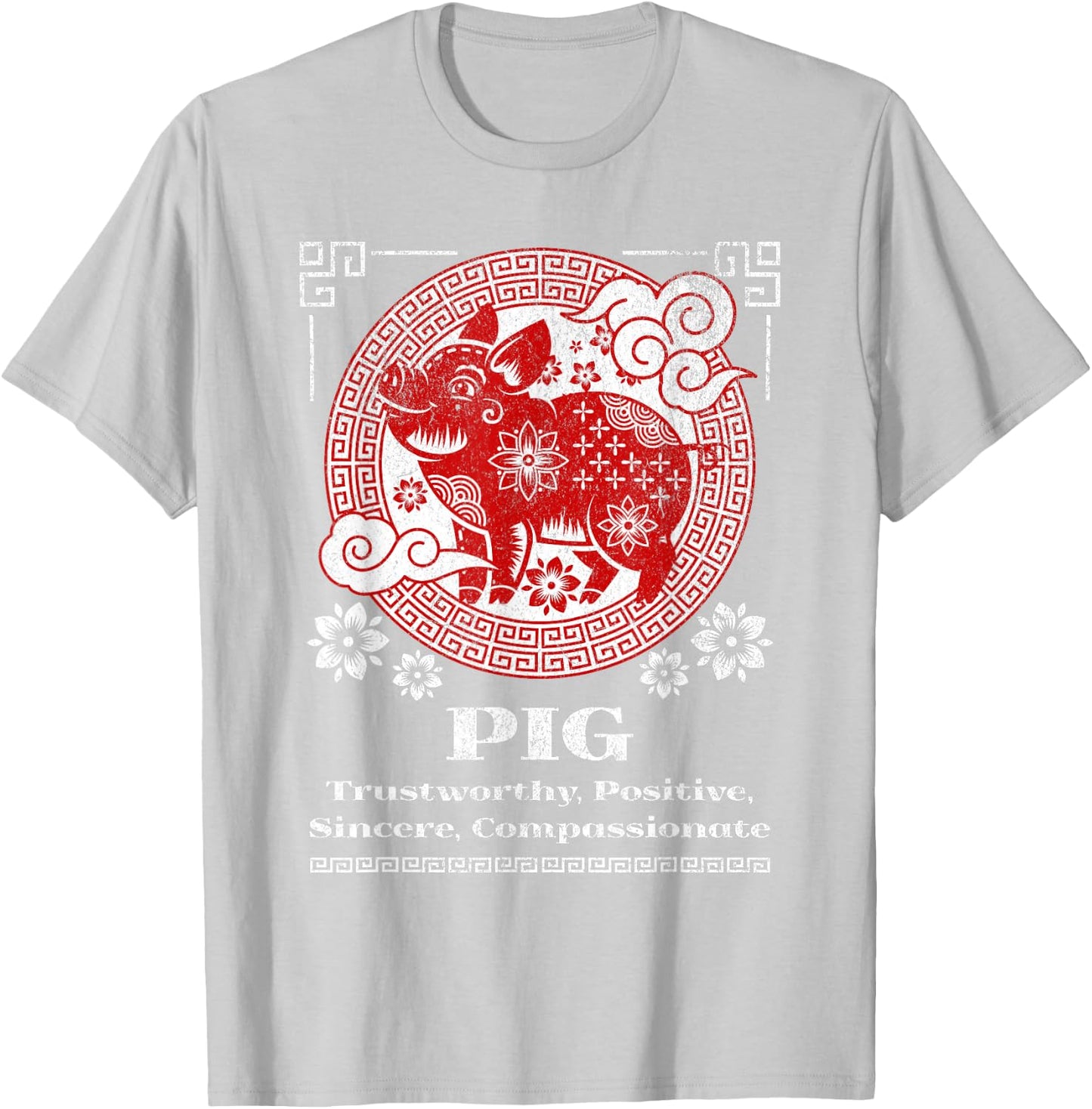 Chinese Zodiac Pig - Red, Small, Short Sleeve, Mandarin Collar, -Adult T-Shirt - T-Shirt | Ash