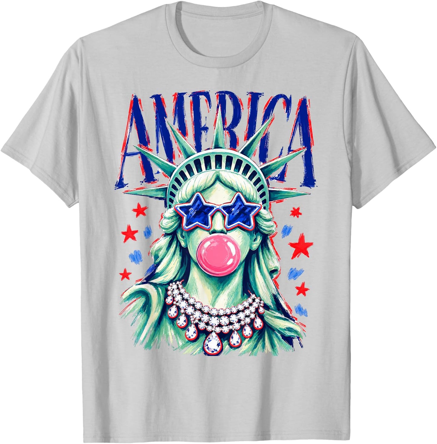Funny Statue of Liberty Blowing Bubble USA America 4th July T-Shirt - T-Shirt | Ash