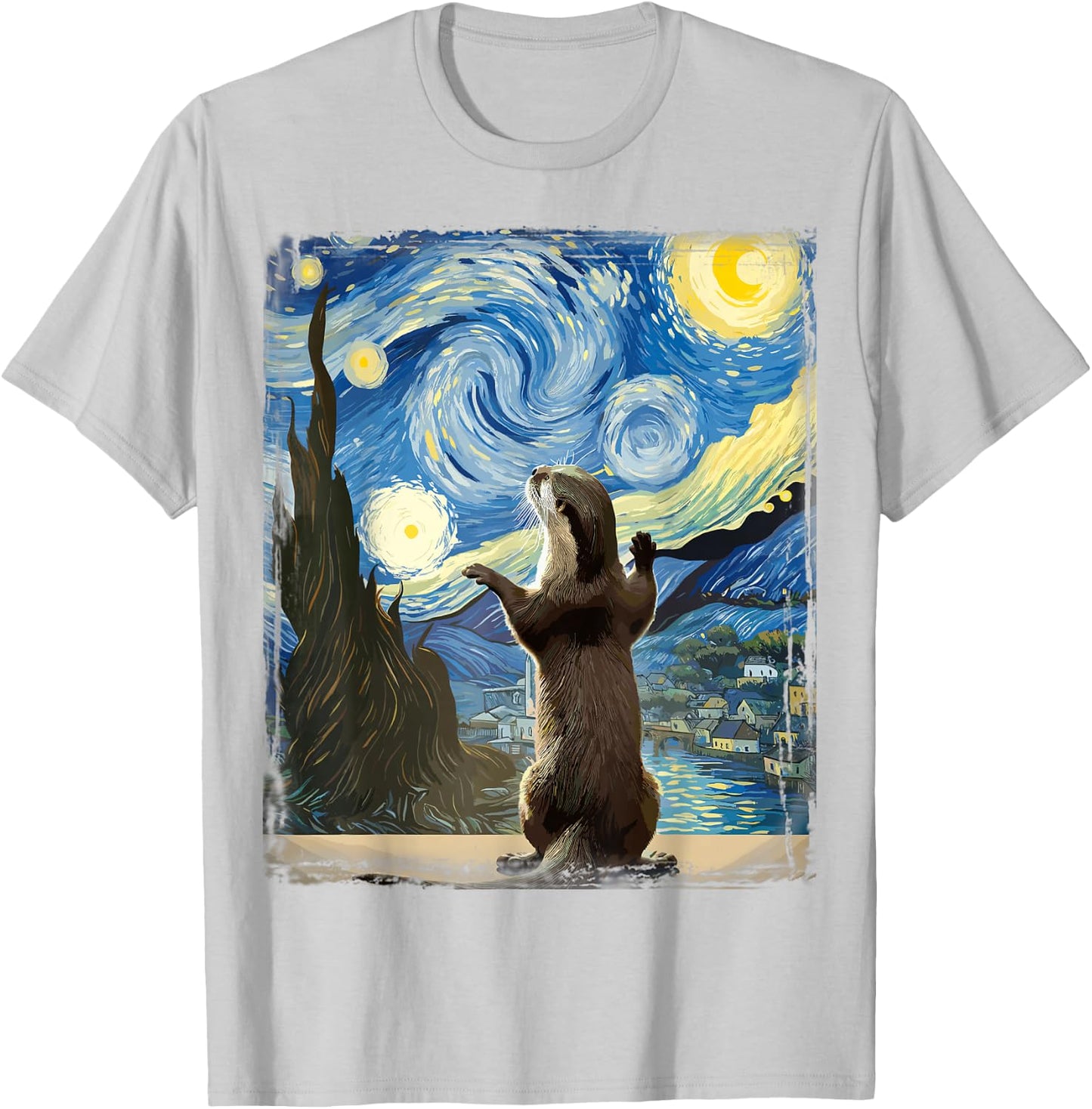 Van Gogh Style Starry Night Otter T-Shirt - T-Shirt | Ash
