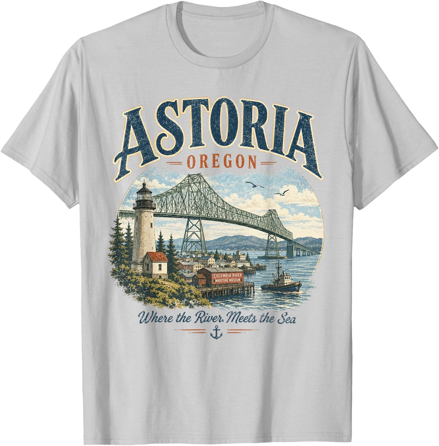 Astoria Oregon- Vintage Columbia River Lighthouse & Bridge T-Shirt - T-Shirt | Ash