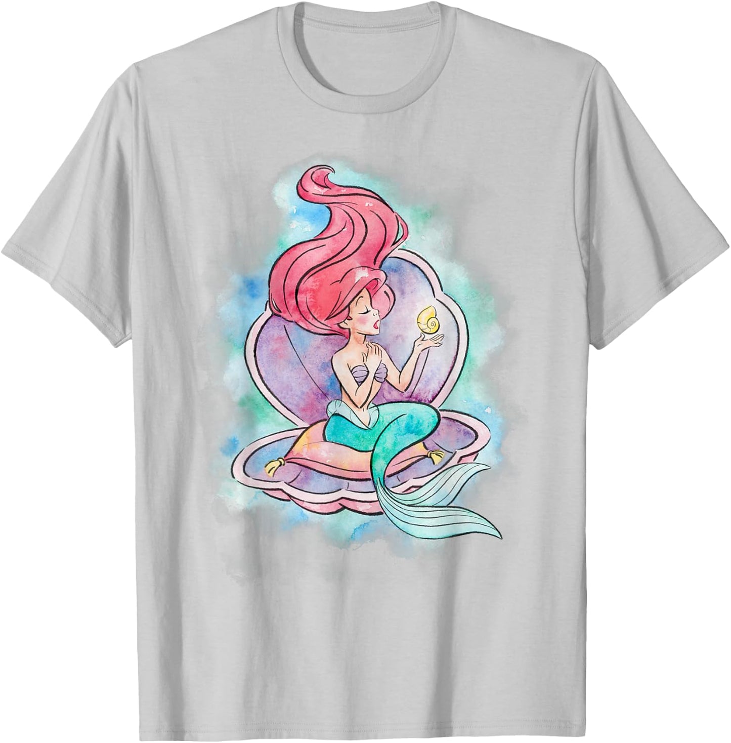 Disney The Little Mermaid Ariel in Shell Watercolor Pose T-Shirt - T-Shirt | Ash