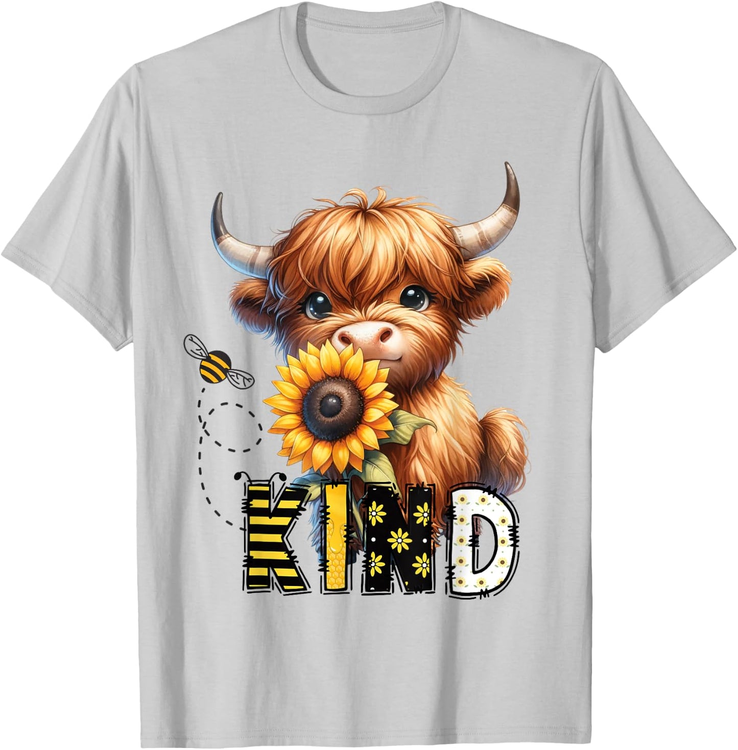 Be Kind Adorable Highland Cow Sunflower Affirmation Kindness , white, S T-Shirt - T-Shirt | Ash