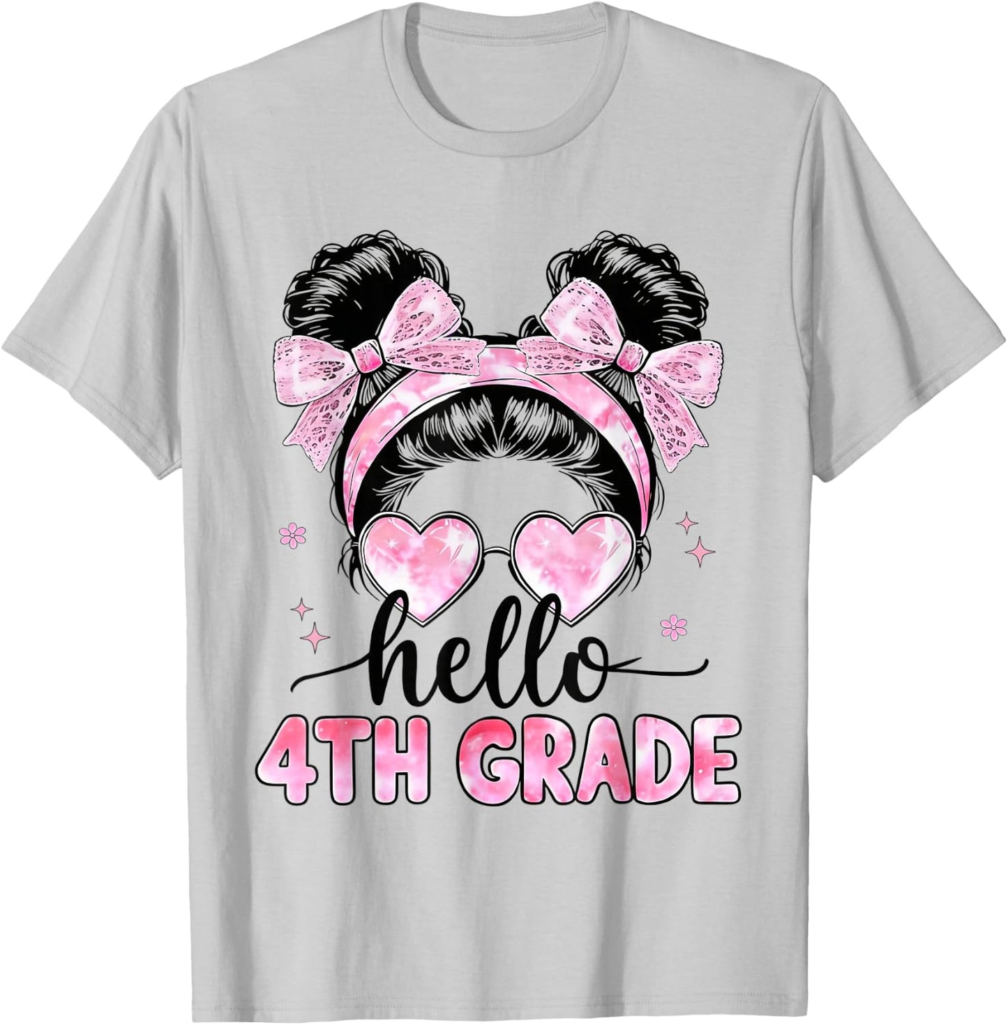 Hello 4th Grade Messy Bun Coquette Back to School Girls T-Shirt - T-Shirt | Ash