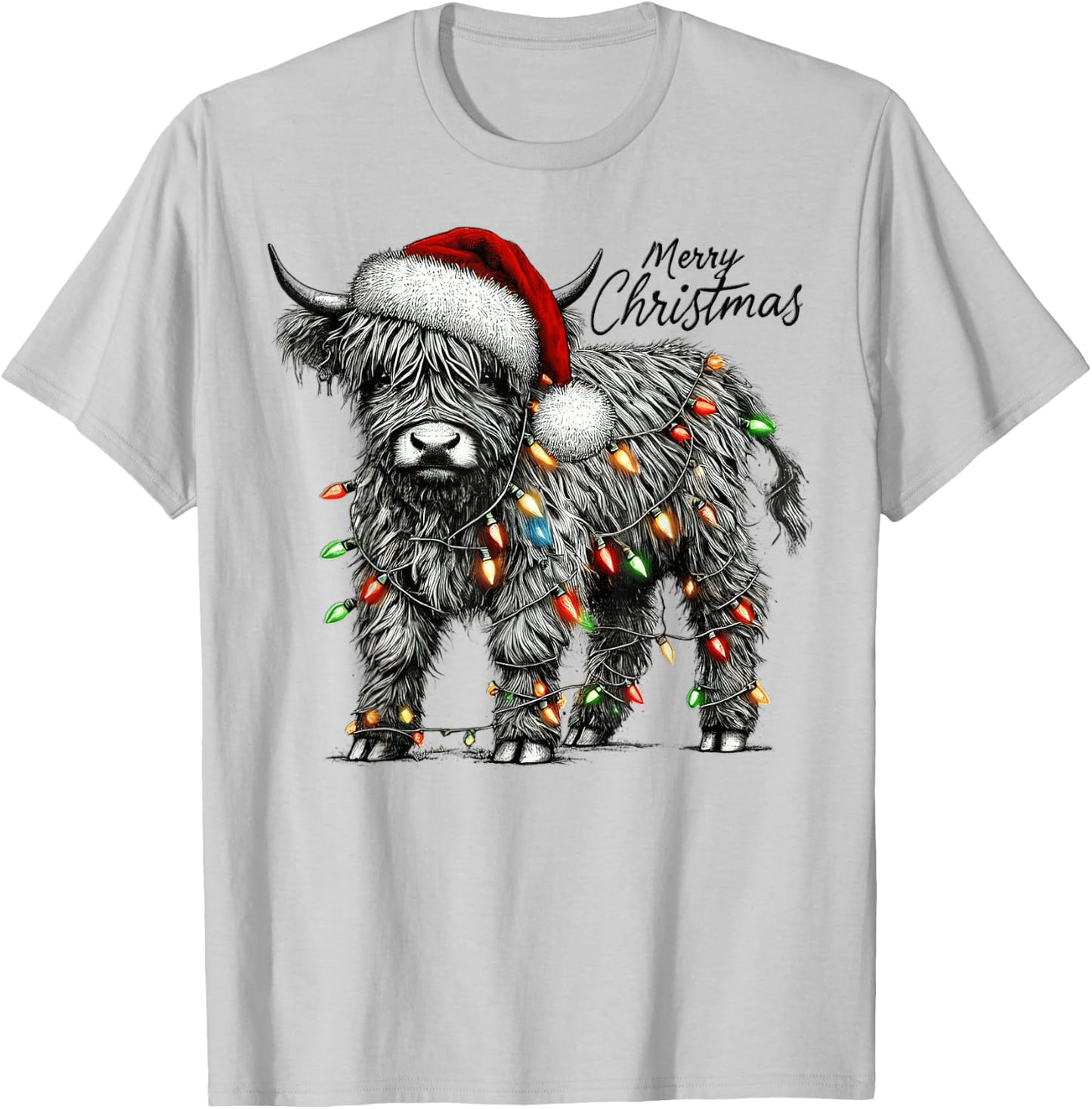 Mooey Christmas Western Highland Cow Santa T-Shirt - T-Shirt | Ash