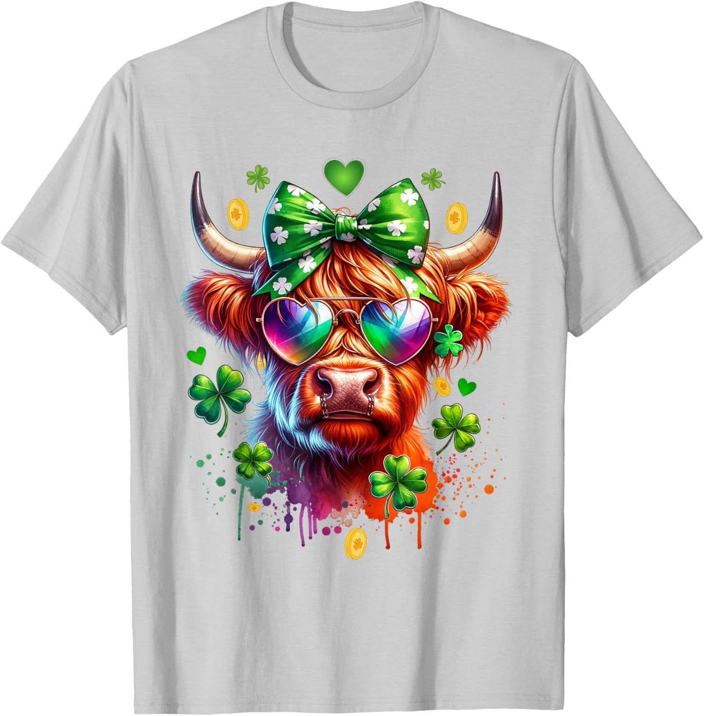 Cute Highland Cow With Sunglasses St Patricks Day Funny T-Shirt - T-Shirt | Ash