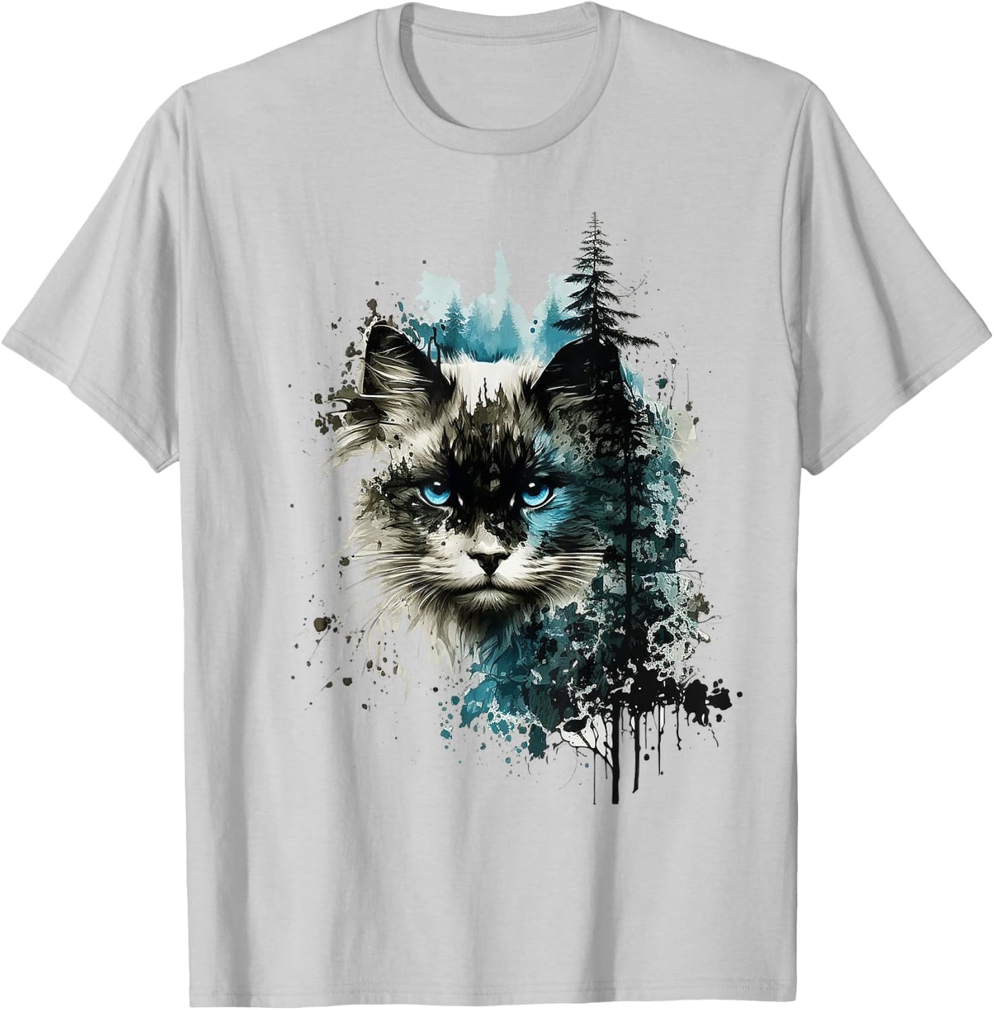 Cat Blue Eyes Cat Pattern Art Forest Animal Cat T-Shirt - T-Shirt | Ash