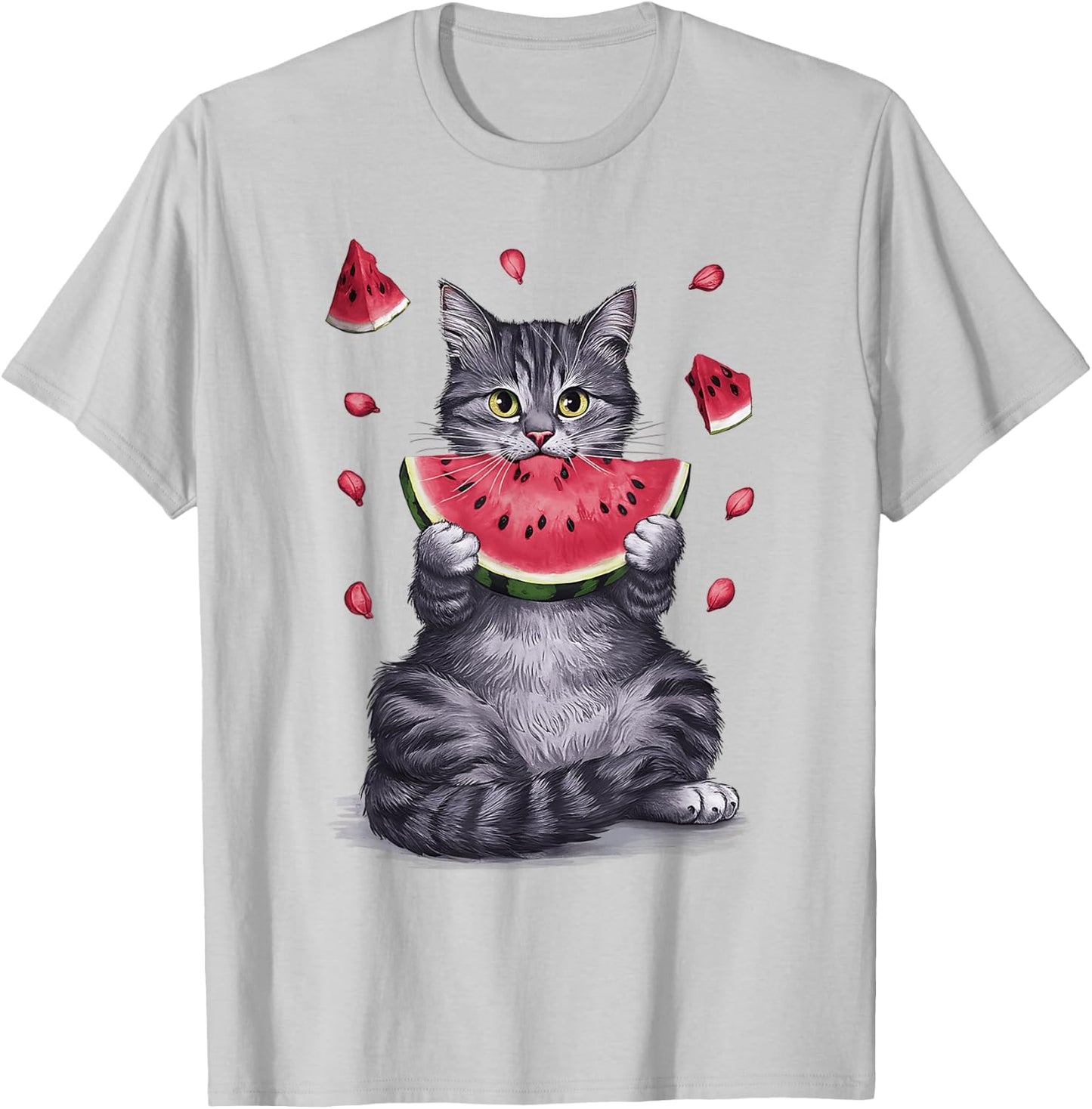 Cute Cat Eating Watermelon Fruit Summer Men Women Girls T-Shirt - T-Shirt | Ash