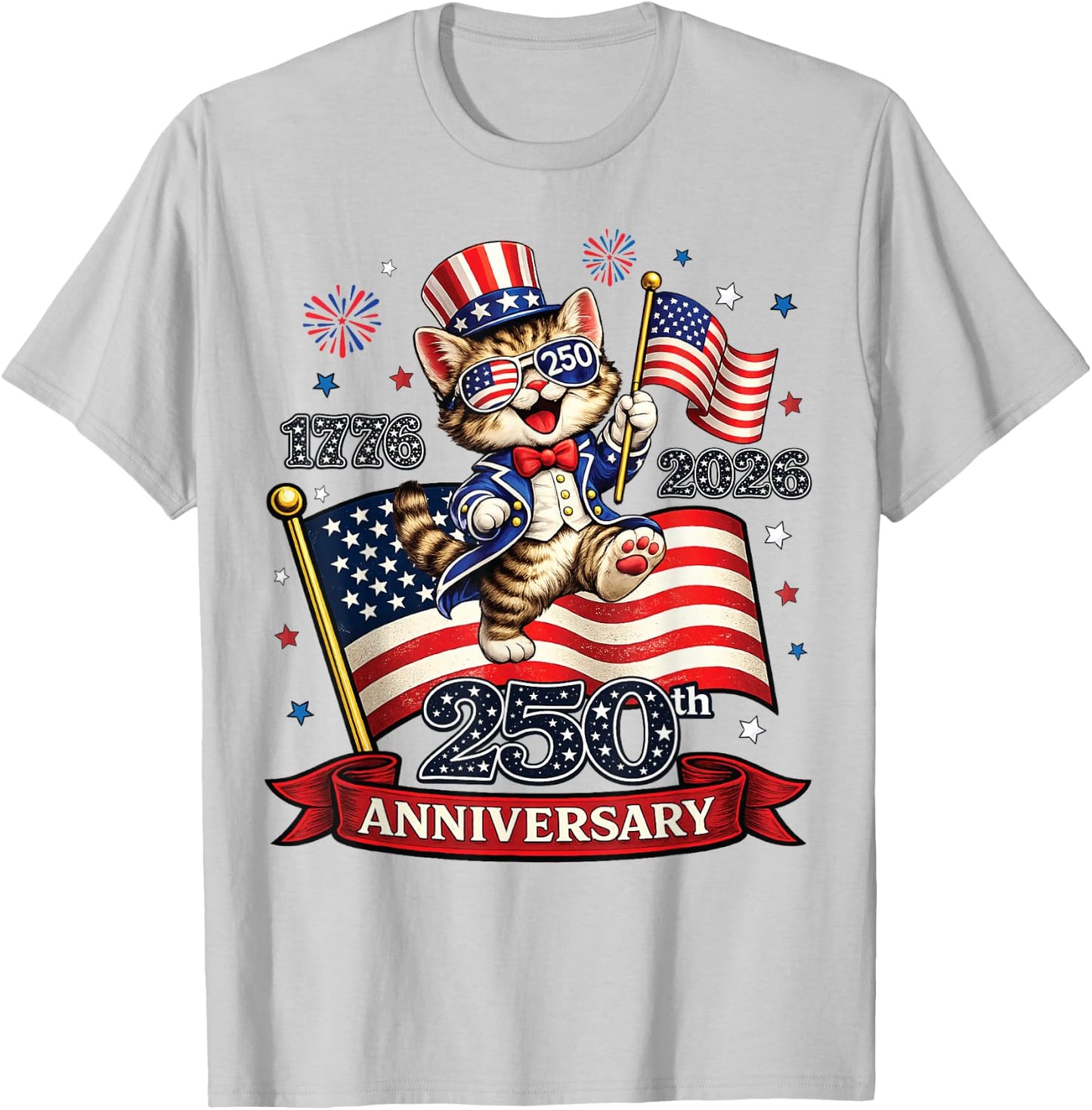 250 Anniversary USA Patriotic Cat 4th of July 2026 T-Shirt - T-Shirt | Ash