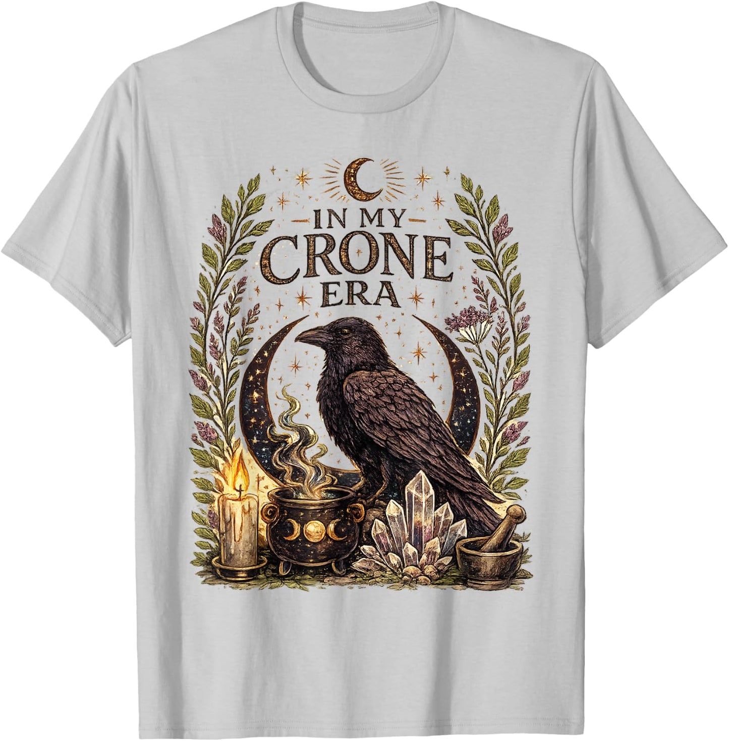 in My Crone Era Witchy Raven Cauldron Goth Witch T-Shirt - T-Shirt | Ash