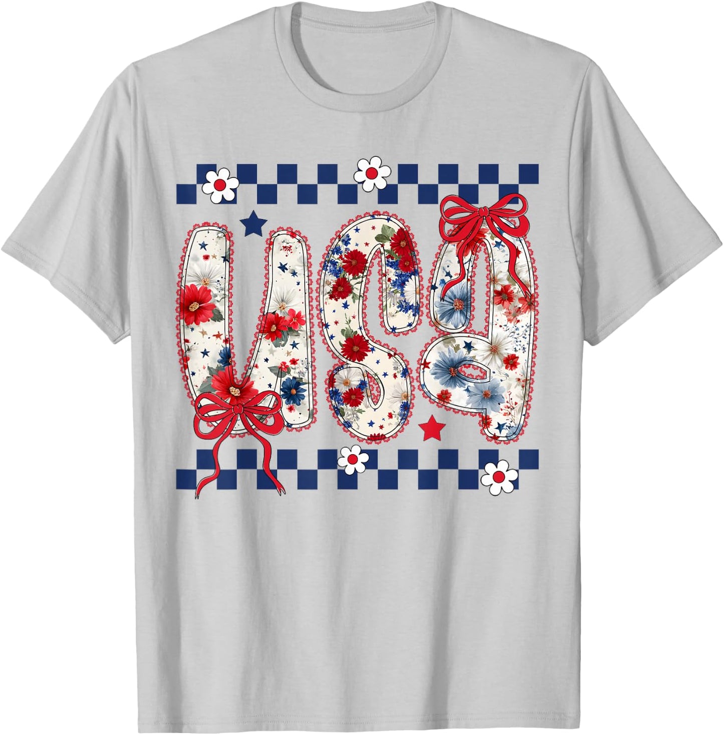 Cute USA Bow Floral Coquette 4th of July Girls T-Shirt - T-Shirt | Ash