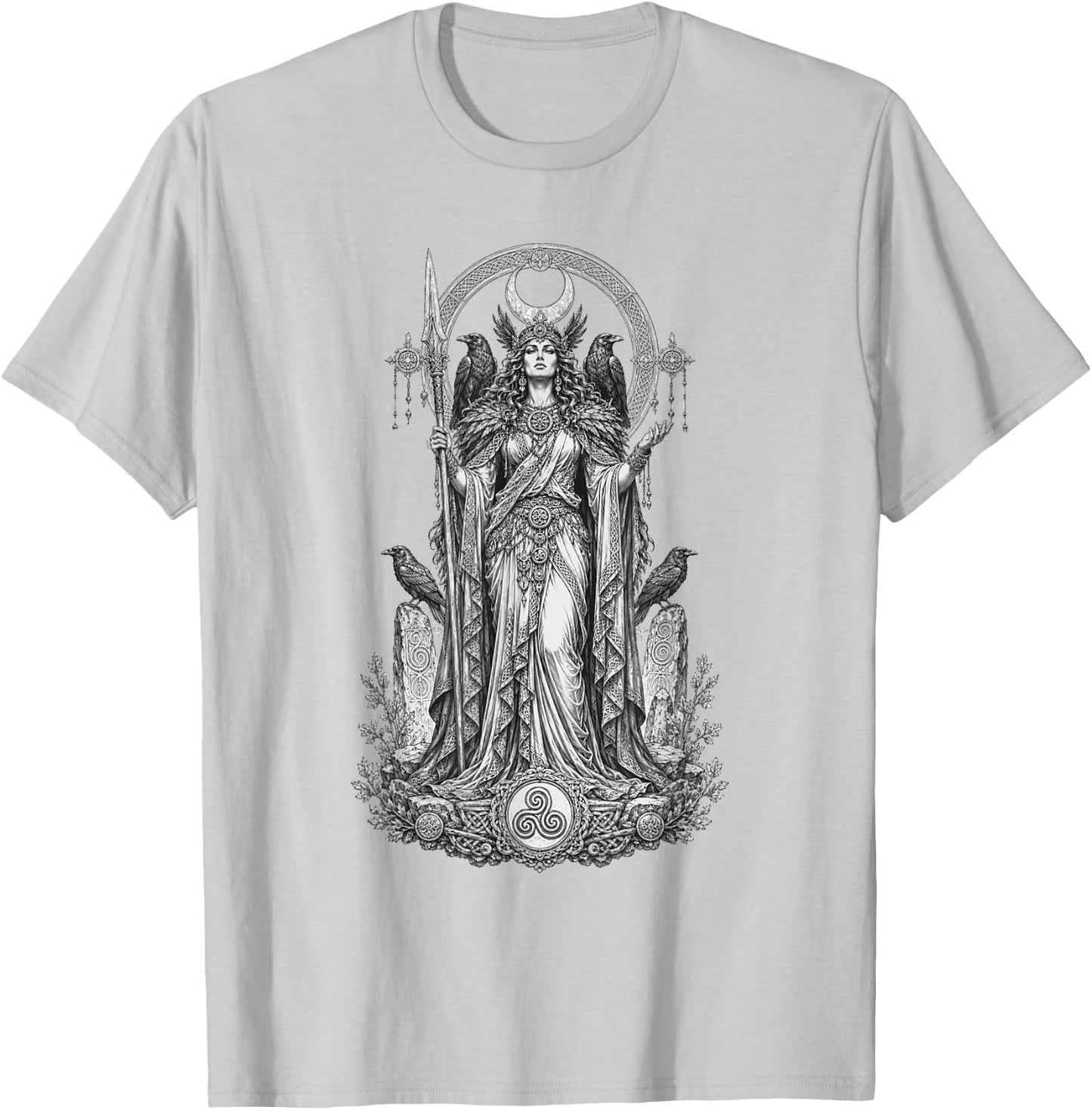 Morrigan Celtic Raven Goddess Sacred Warrior Line Art T-Shirt - T-Shirt | Ash