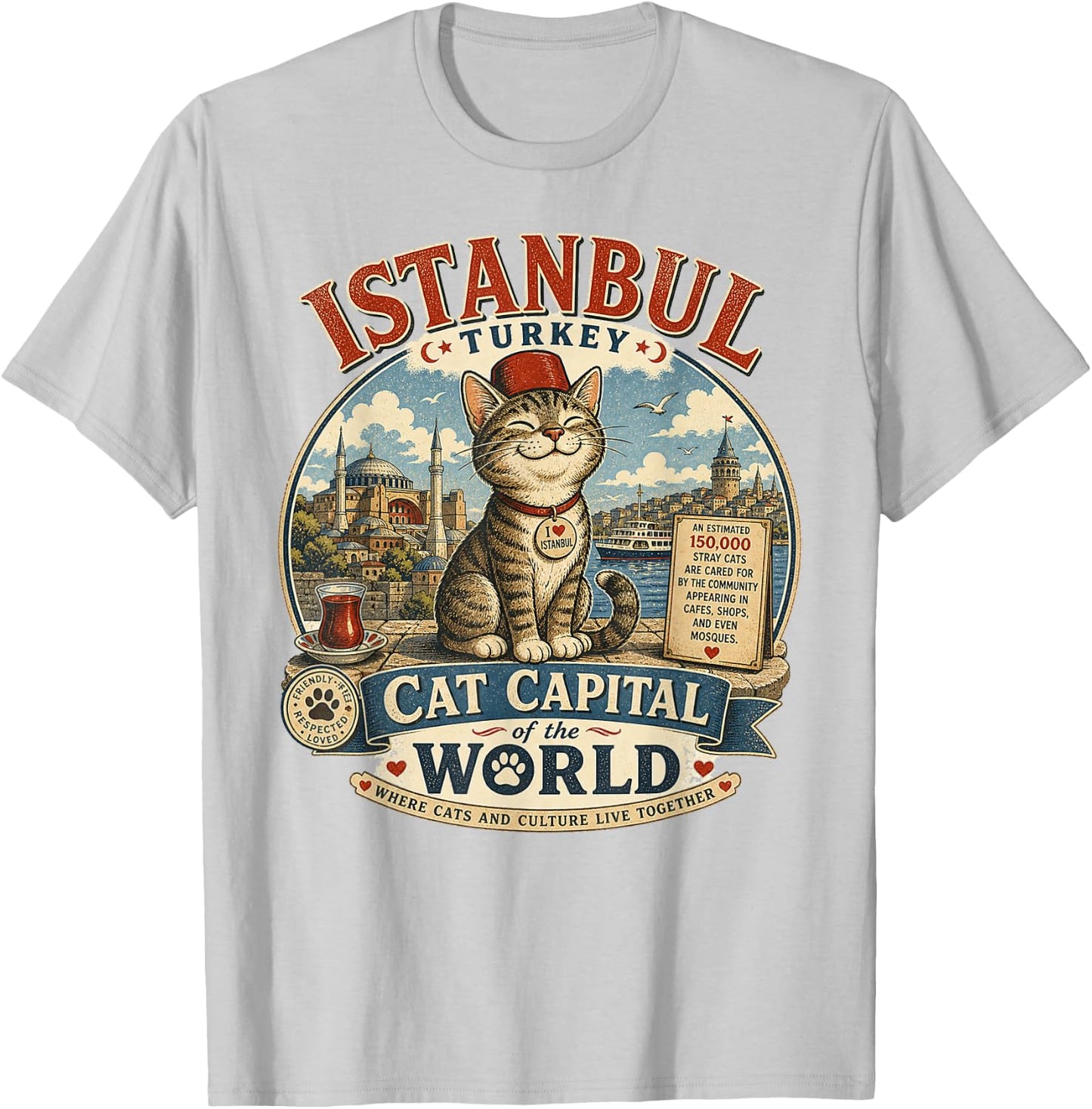 Istanbul, Turkey - Cat Capital - Vintage Logo Graphic T-Shirt - T-Shirt | Ash