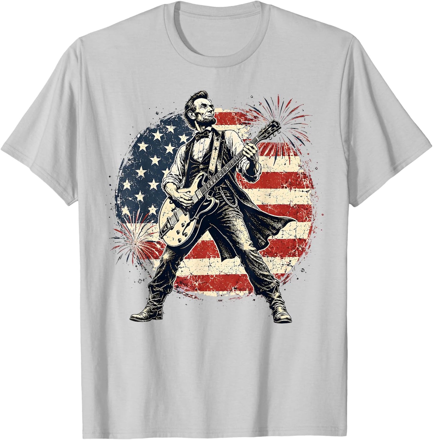 Lincoln Guitar 4th of July Fireworks 250th Anniversary USA T-Shirt - T-Shirt | Ash
