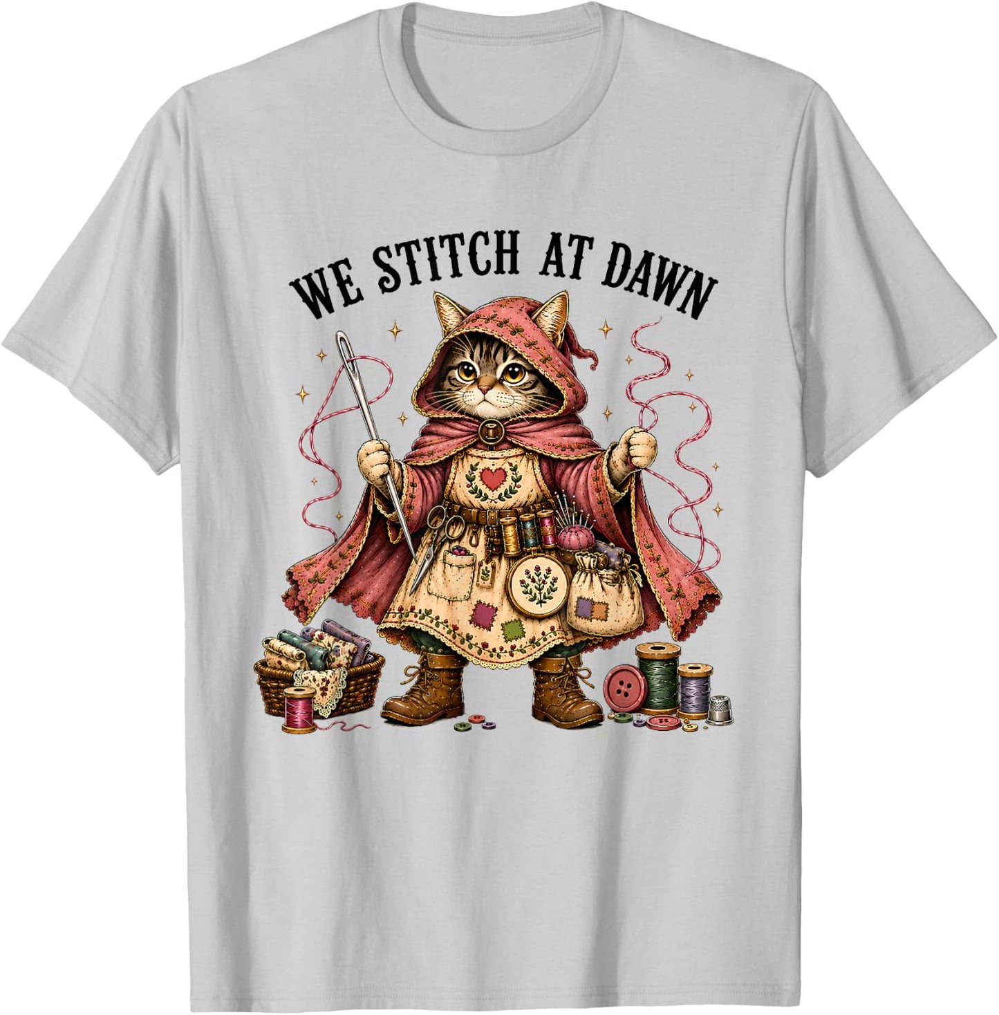 We Stitch At Dawn Funny Sewing Quilting Cat T-Shirt - T-Shirt | Ash