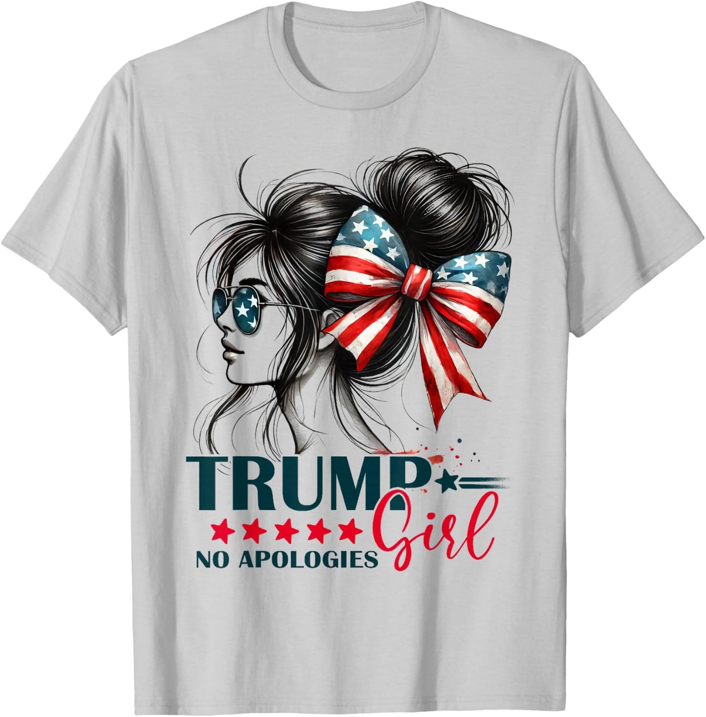Trump Girl Messy Bun No Apologies USA Flag Trump 2024 T-Shirt - T-Shirt | Ash