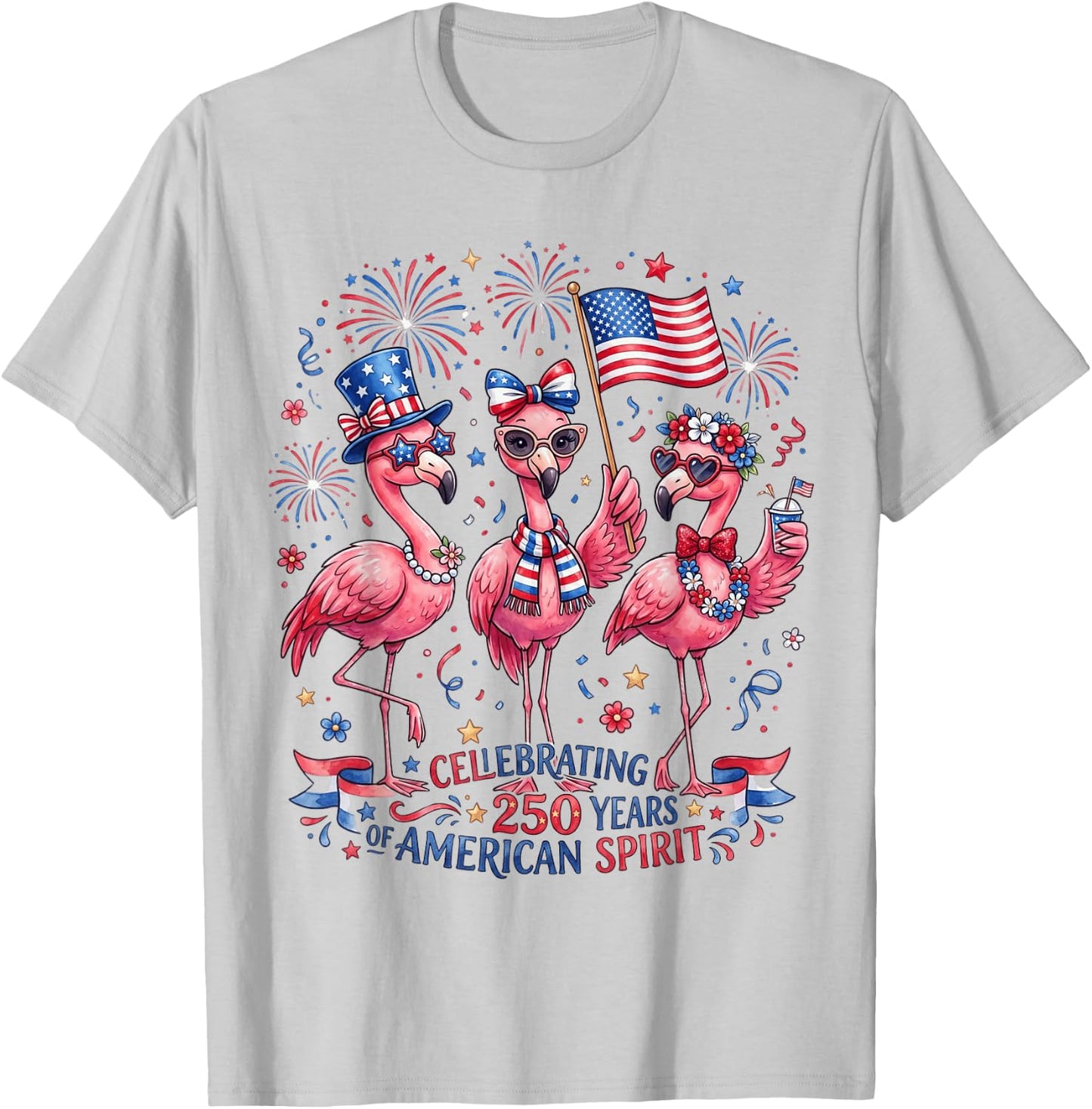 Patriotic Flamingo American Spirit 250 Years Celebration T-Shirt - T-Shirt | Ash