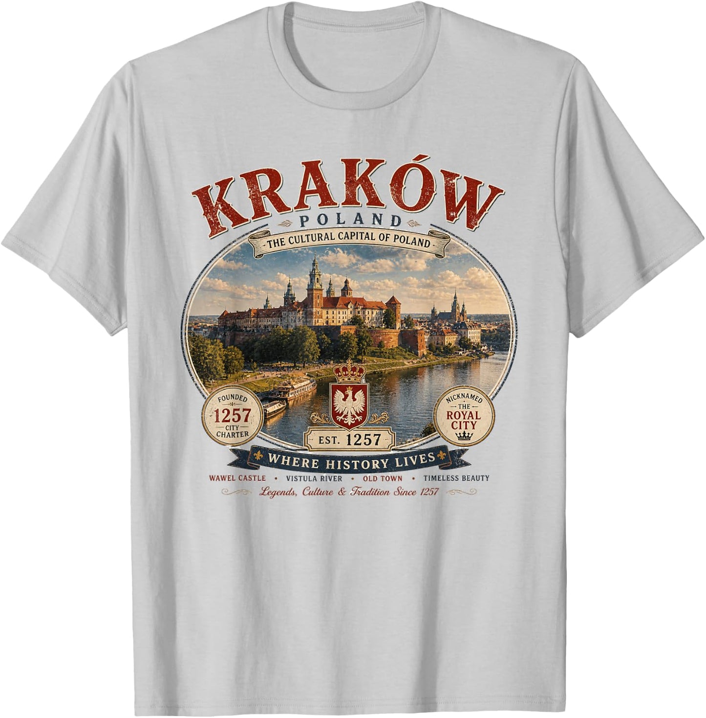 Krakow Poland Since 1257 Vintage Logo T-Shirt - T-Shirt | Ash
