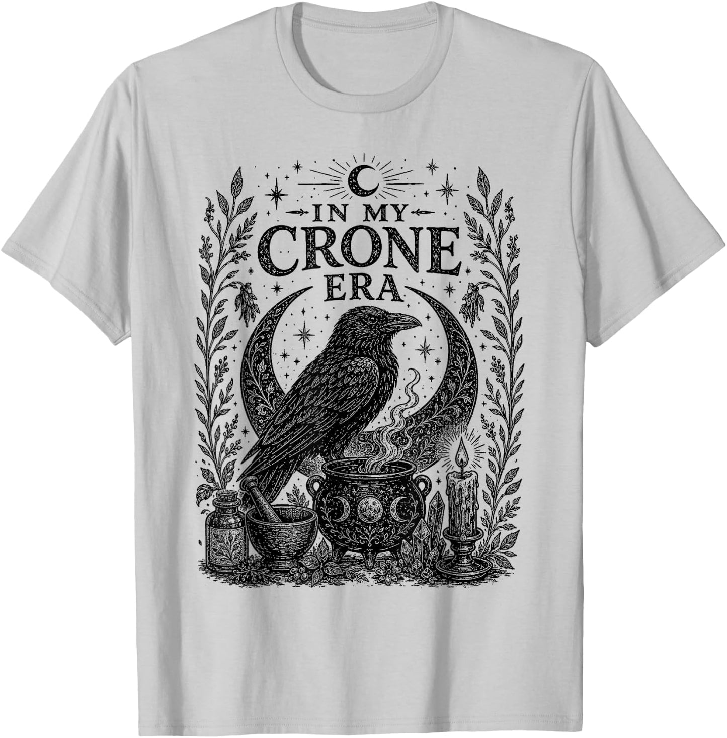 in My Crone Era Gothic Raven Cauldron Funny Crow T-Shirt - T-Shirt | Ash