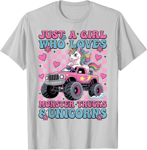 Just a Girl Who Loves Monster Trucks and Unicorns Girls T-Shirt - T-Shirt | Ash