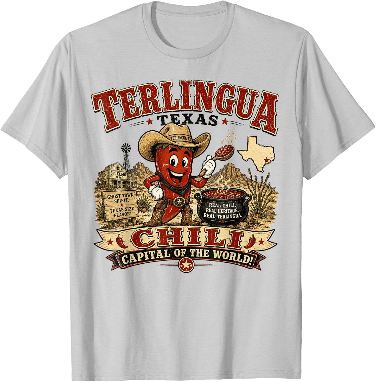 Terlingua Texas Chili Capital - Vintage Chili Pepper Mascot T-Shirt - T-Shirt | Ash