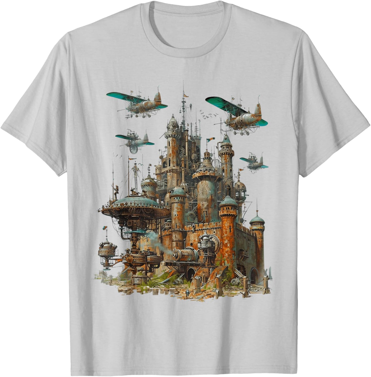Steampunk Castle With Planes Vintage , white, S T-Shirt - T-Shirt | Ash