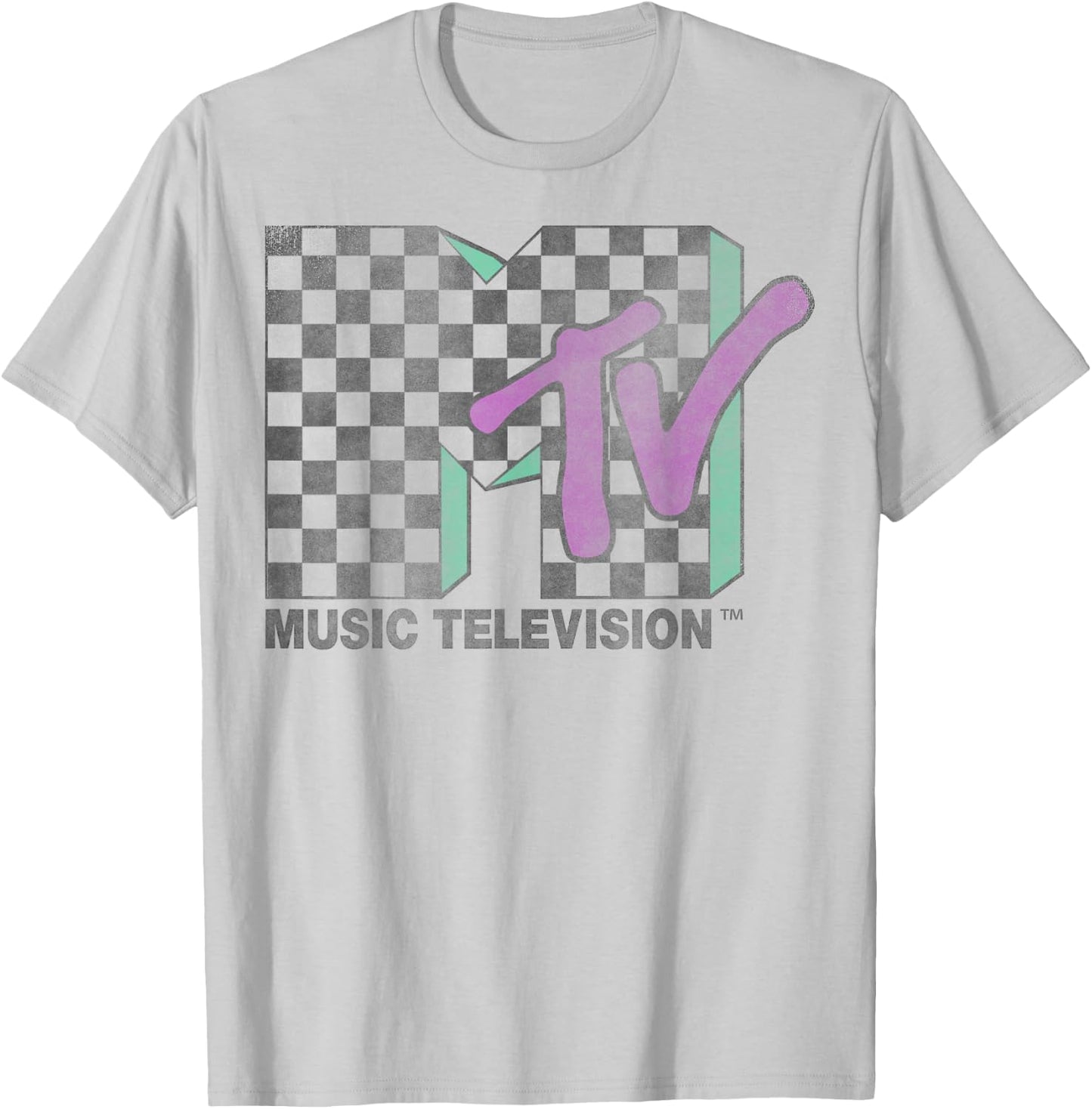 MTV Checkered Distressed Retro Logo Short Sleeve T-Shirt - T-Shirt | Ash