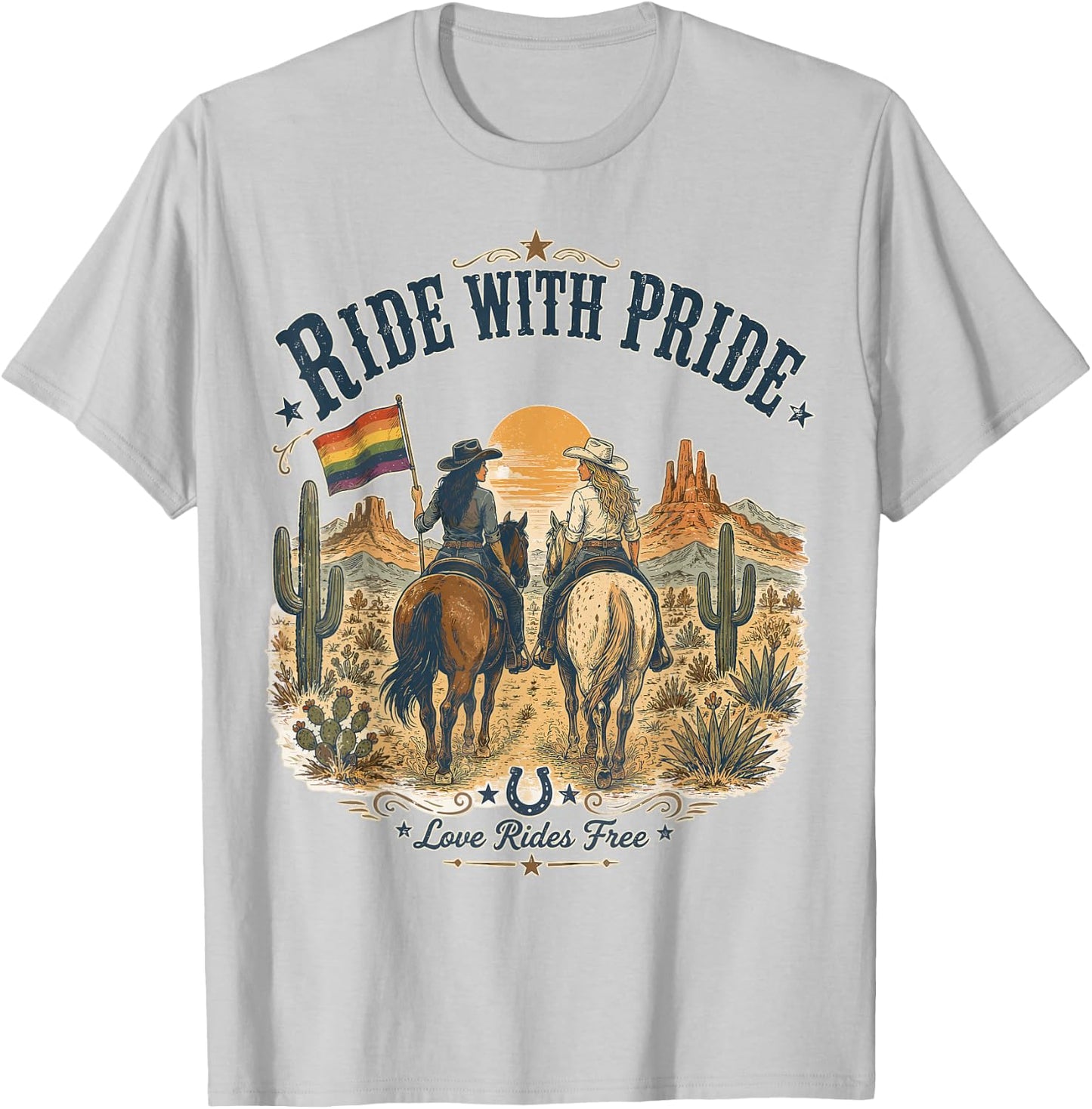 Funny Ride with Pride Lesbian Pride Western LGBTQ Cowgirl T-Shirt - T-Shirt | Ash