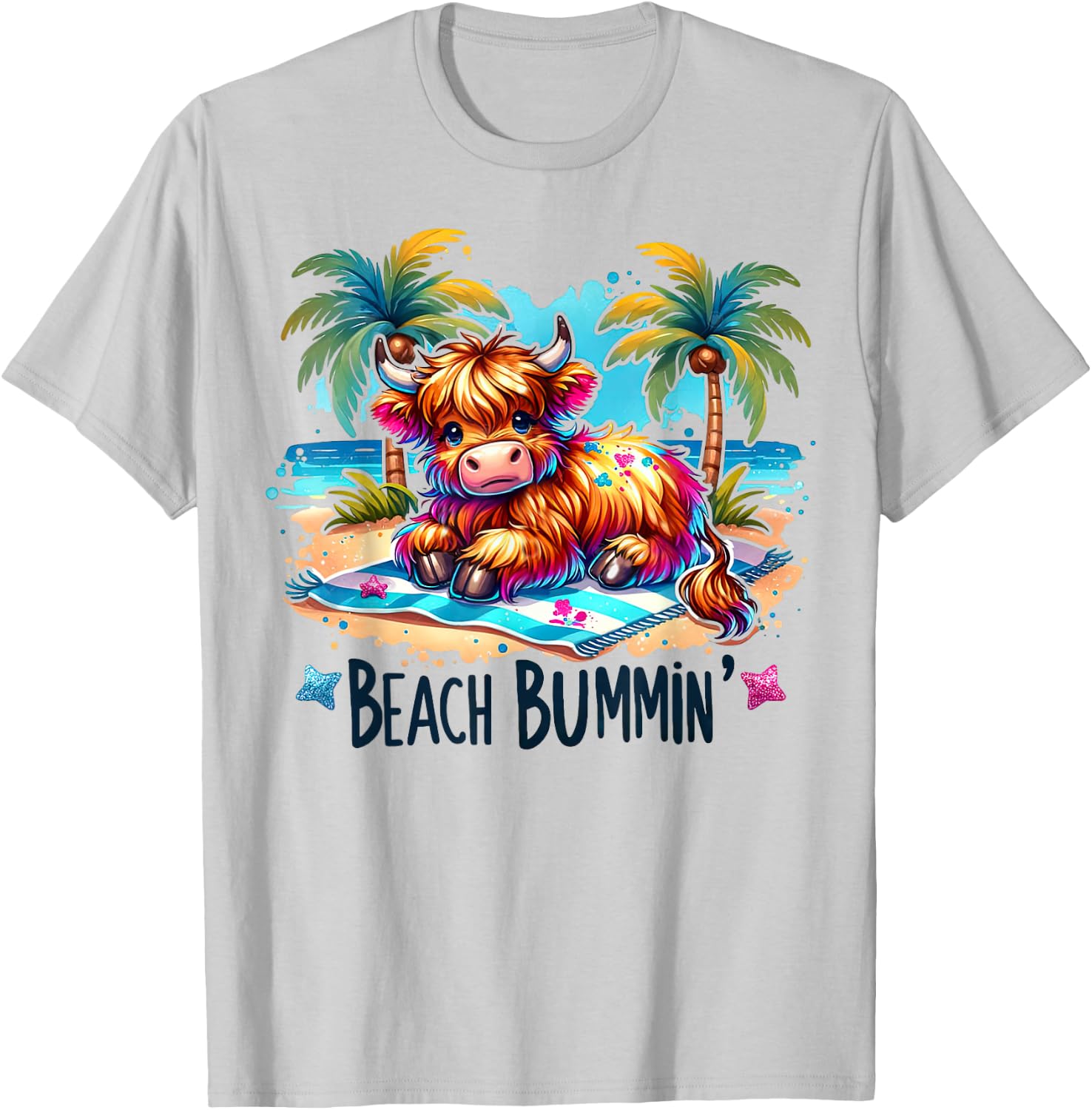 Funny Summer Heifer Cow Beach Bumming Highland Cow T-Shirt - T-Shirt | Ash