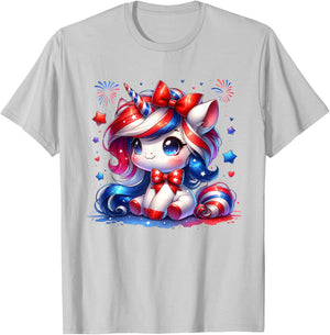 Cute Unicorn 4th Of July Girls Kids American Flag USA Girls T-Shirt - T-Shirt | Ash