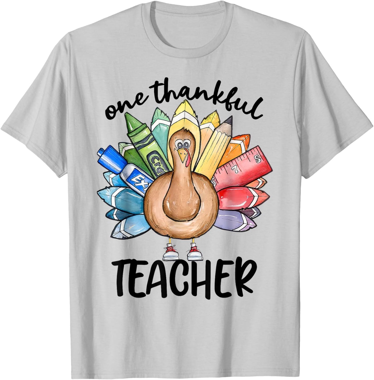 One Thankful Teacher Turkey Pencil Thanksgiving Teachers T-Shirt - T-Shirt | Ash