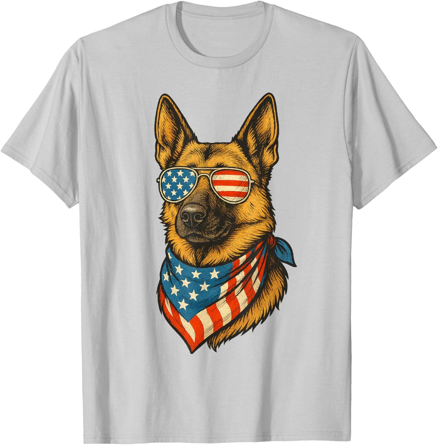 German Shepherd Dog American Flag 4th of July Sunglasses T-Shirt - T-Shirt | Ash