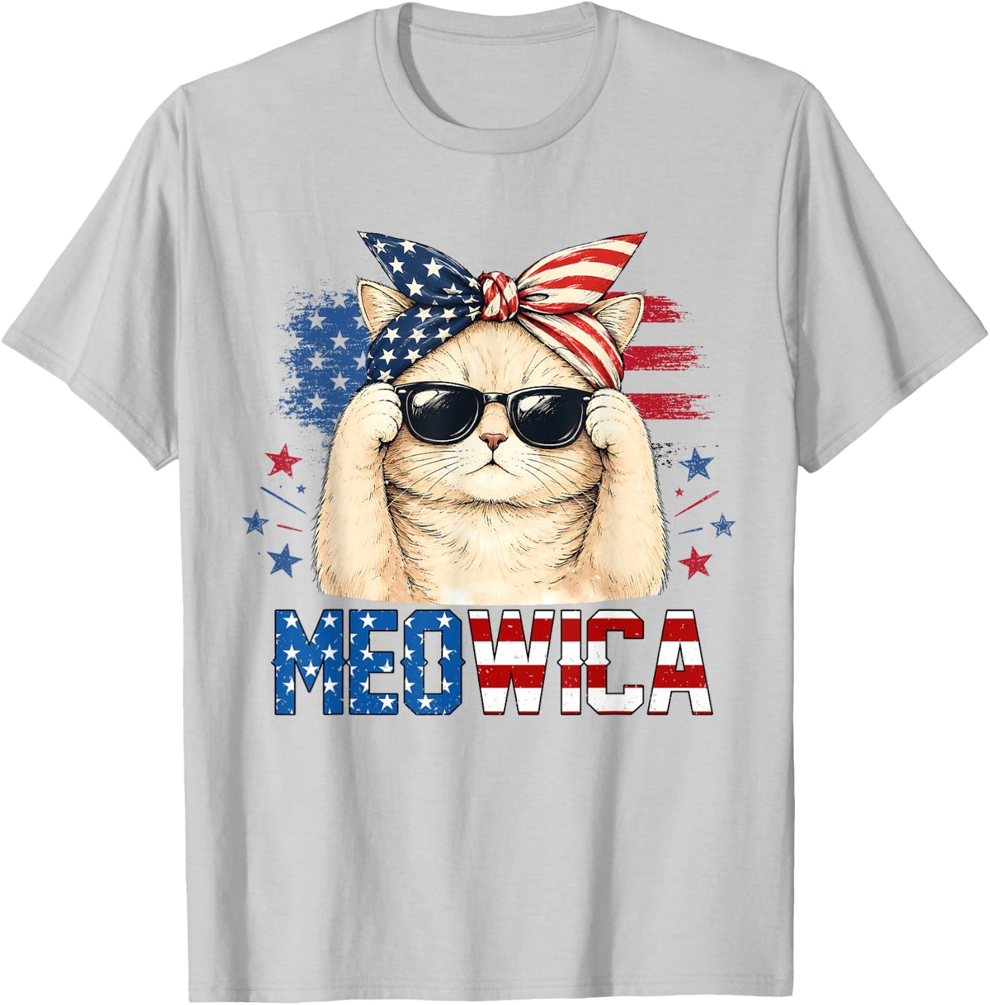 Meowica 4th of July Patriotic Cat American Flag Women Girls T-Shirt - T-Shirt | Ash
