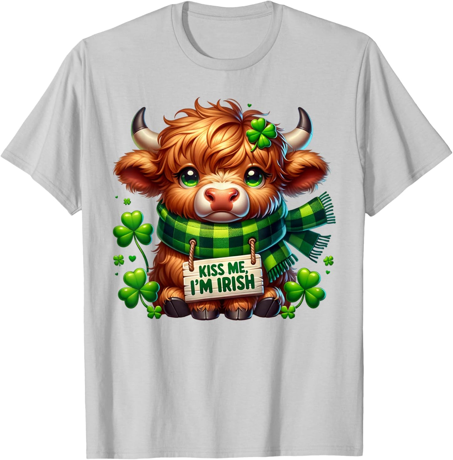 Kiss Me I'm Irish Cute Little Highland Cow Four Leaf Clovers T-Shirt - T-Shirt | Ash