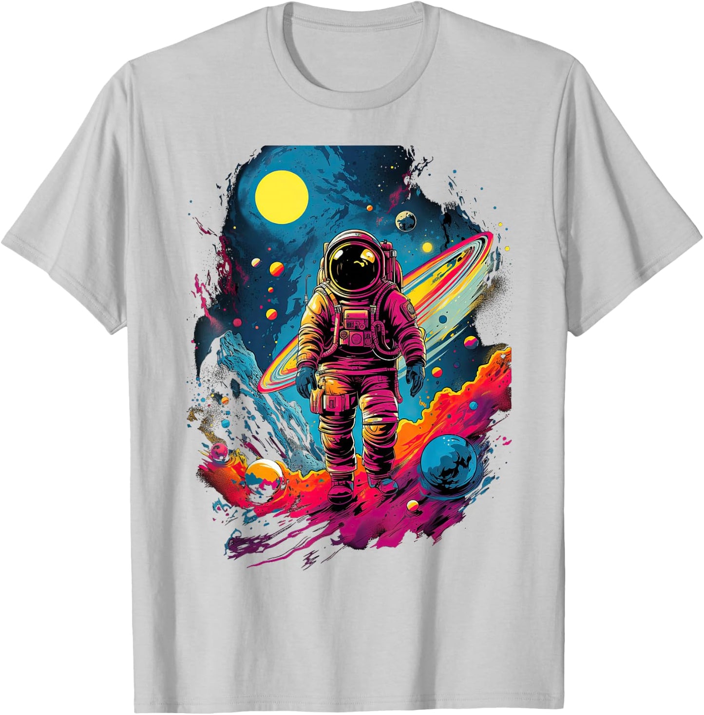 Astronaut in Space with Planets and Galaxy , White T-Shirt - T-Shirt | Ash