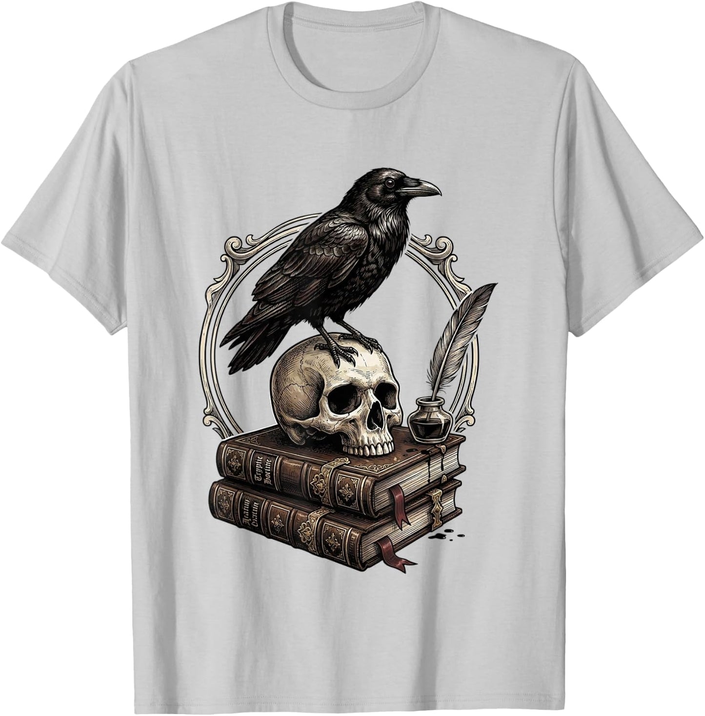 Dark Academia Raven Skull Books T-Shirt - T-Shirt | Ash