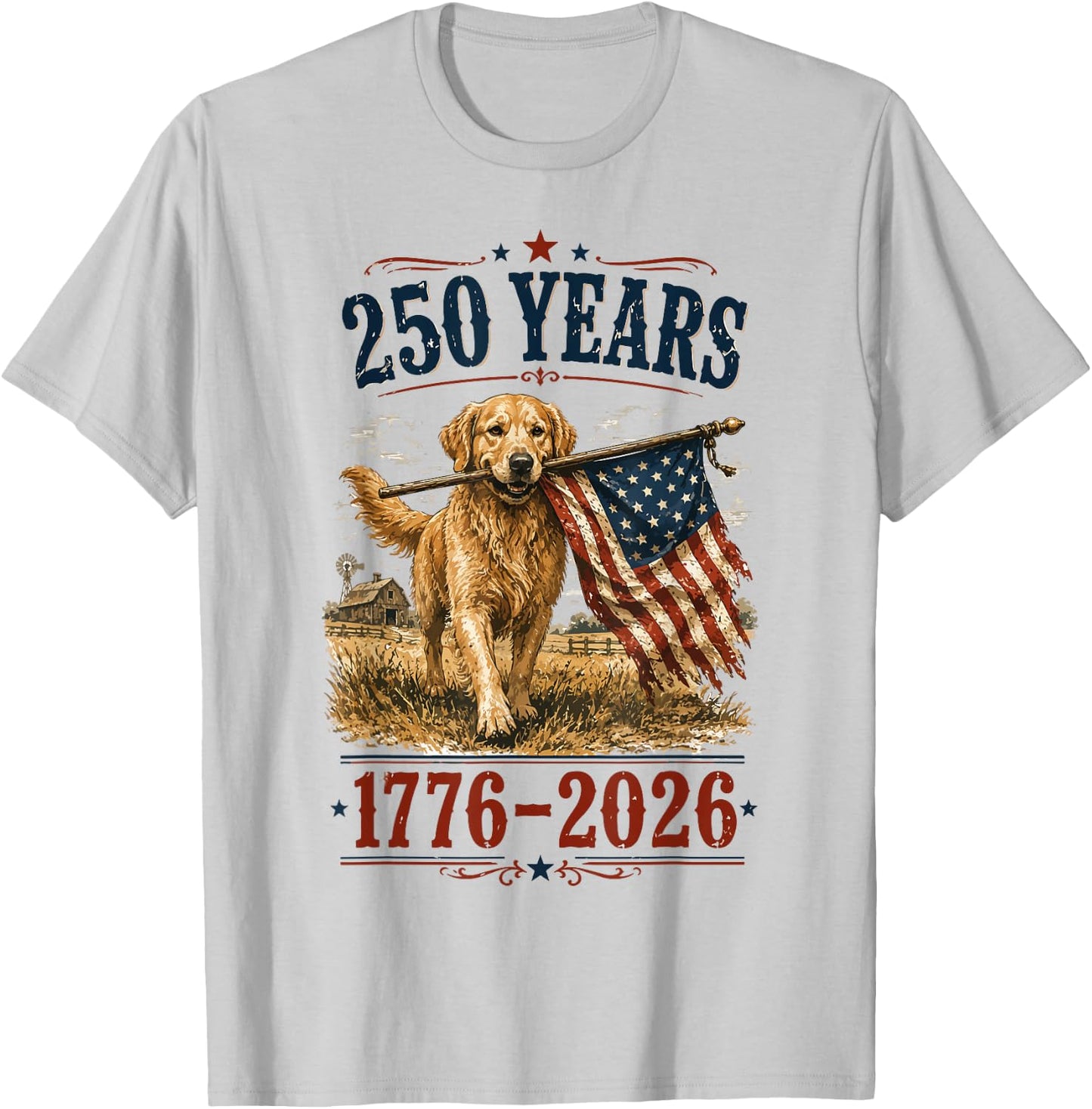Vintage Golden Retriever Patriotic Dog 250 Years 1776 2026 T-Shirt - T-Shirt | Ash