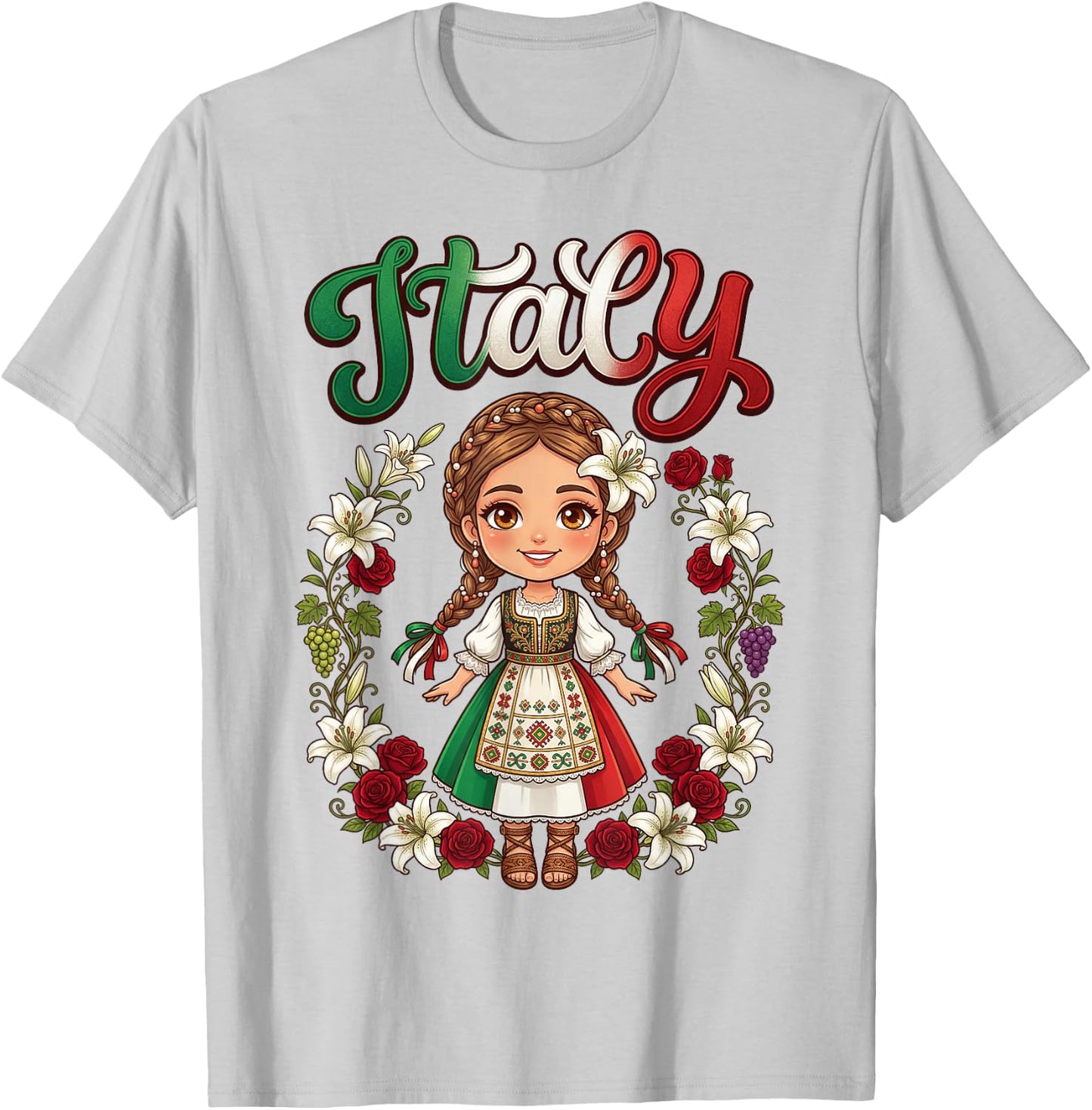 Cute Italy Girl Traditional Dress with Flowers for Kids T-Shirt - T-Shirt | Ash