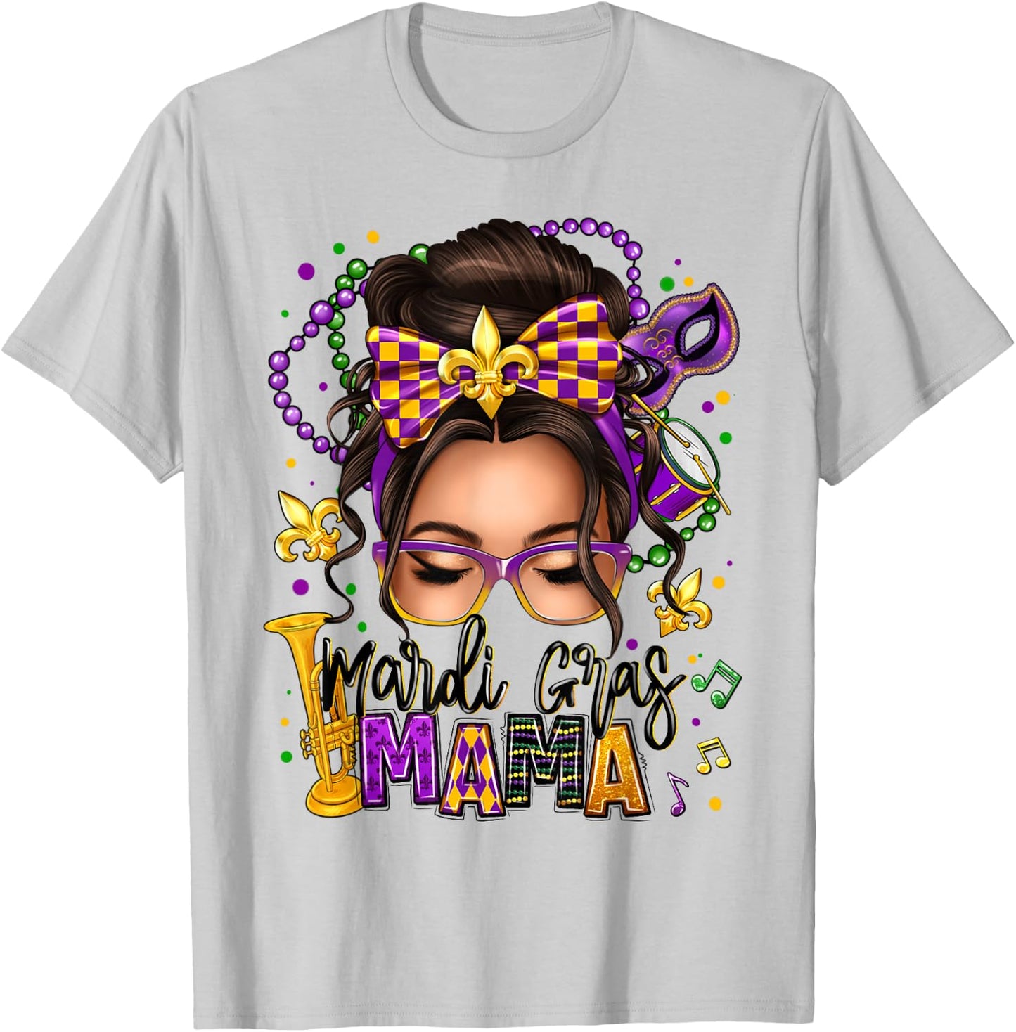 Mardi Gras Mama Messy Bun Women Mardi Gras Queen Carnaval T-Shirt - T-Shirt | Ash