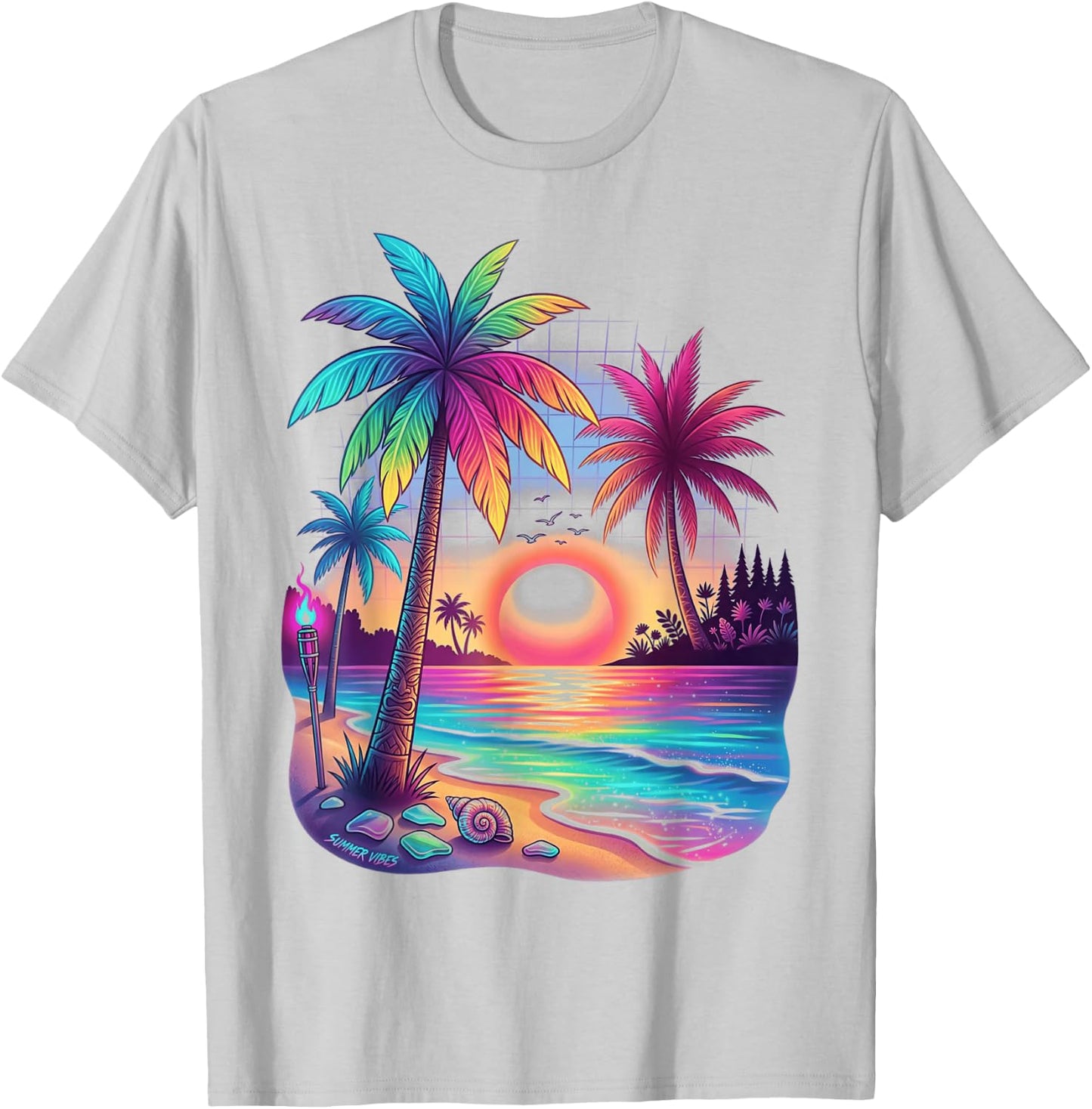 Colorful Beach Sunset Summer Vacation Retro Beach Vibes T-Shirt - T-Shirt | Ash