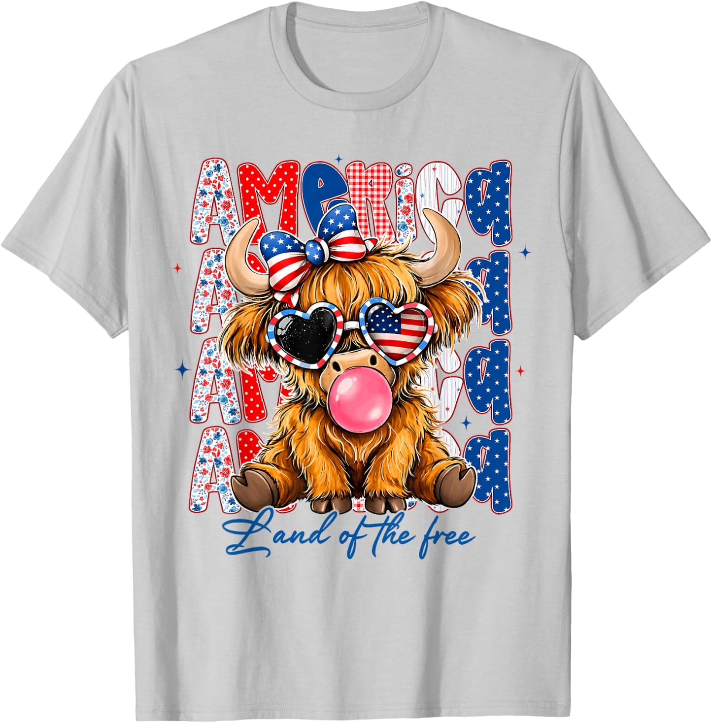 America 1776-2026 Land of The Free Highland Cow 4th of July T-Shirt - T-Shirt | Ash