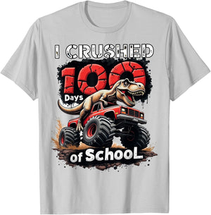 I Crushed 100 Days of School Dinosaur Monster Truck Boy T-Shirt - T-Shirt | Ash